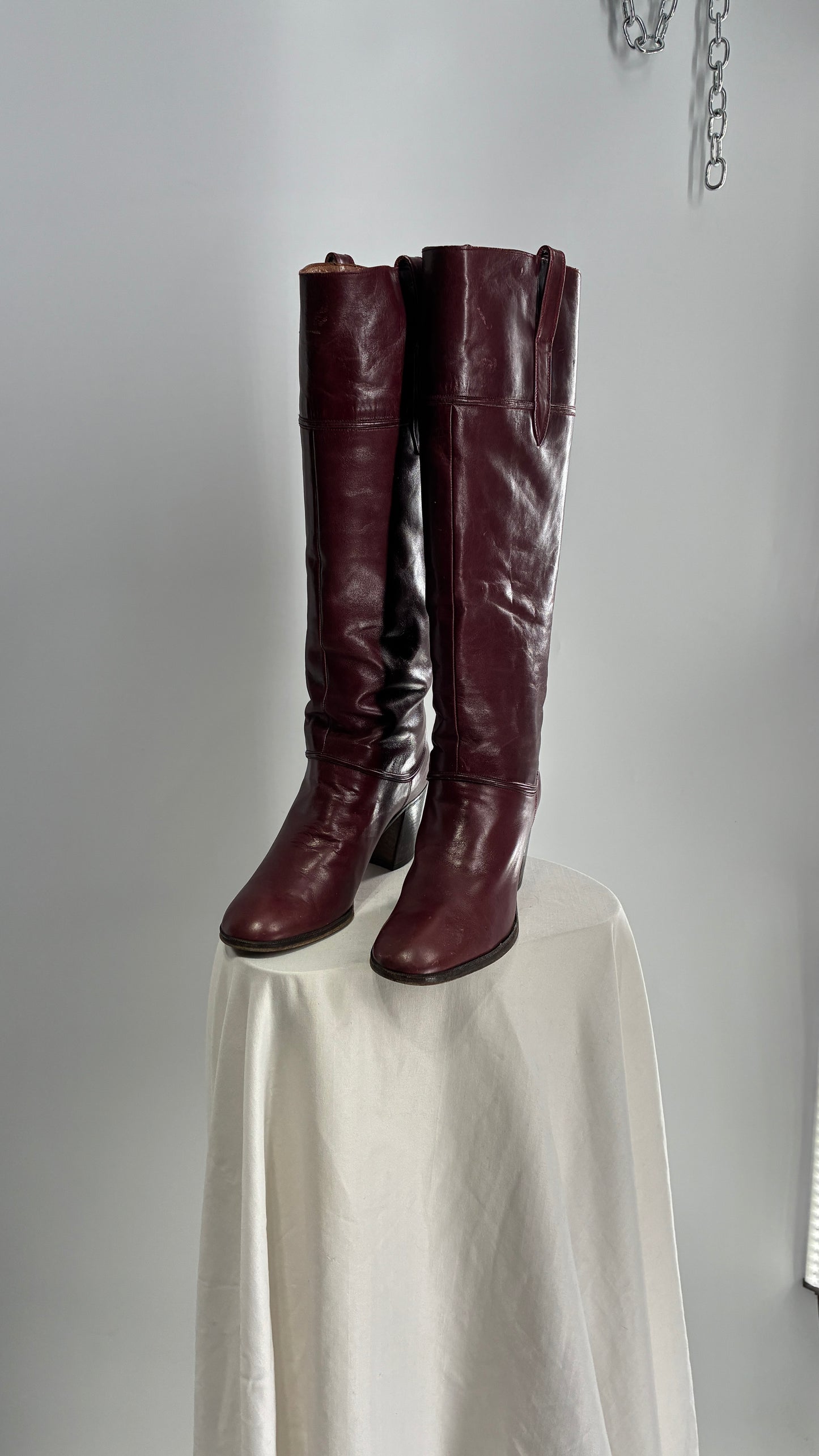 Vintage Red Leather Round Toe Knee High Boots Made in Spain Boots (38)