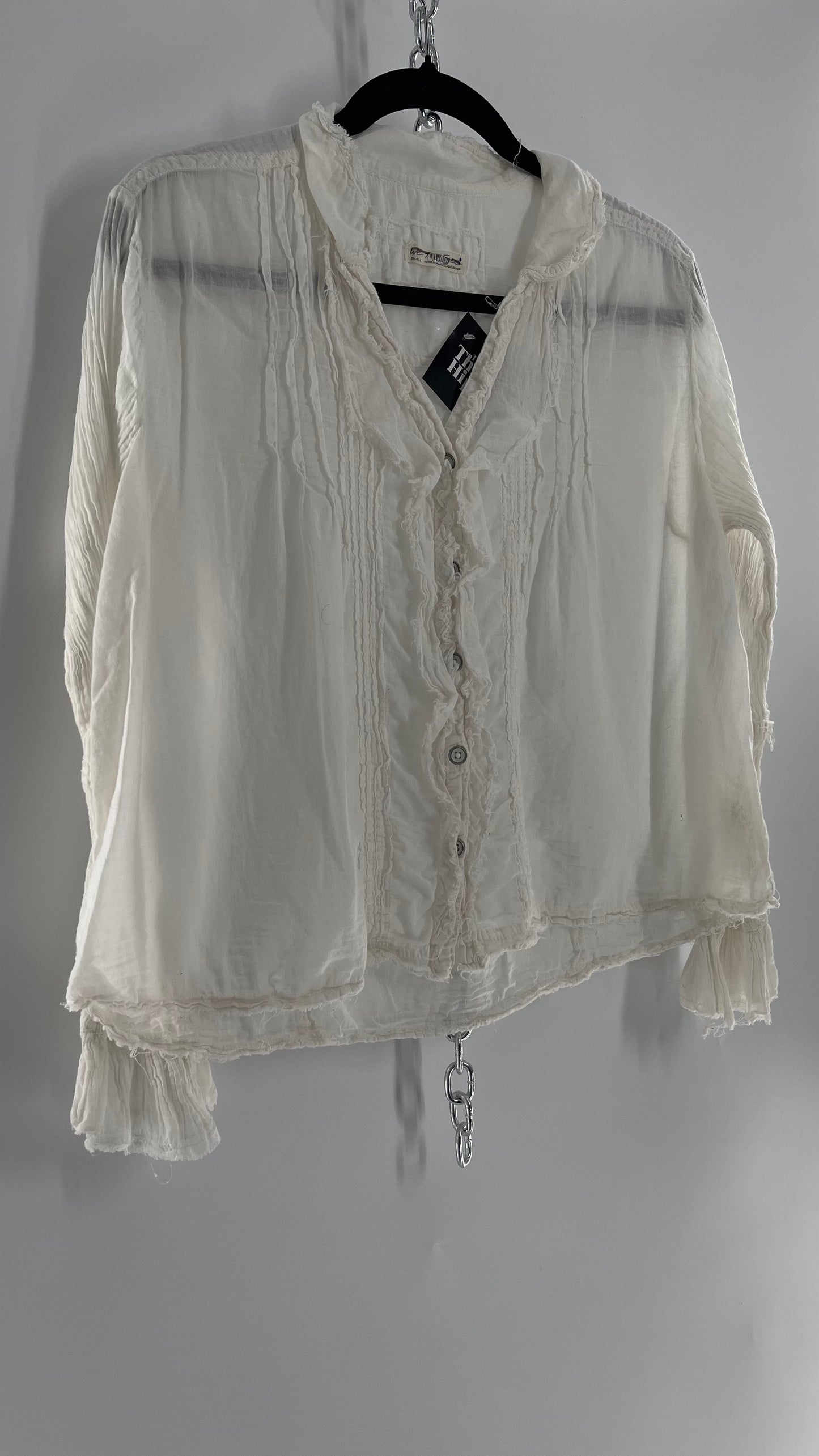 Free People White Cotton Ruffle Button Up with Crimped Sleeves (Small)