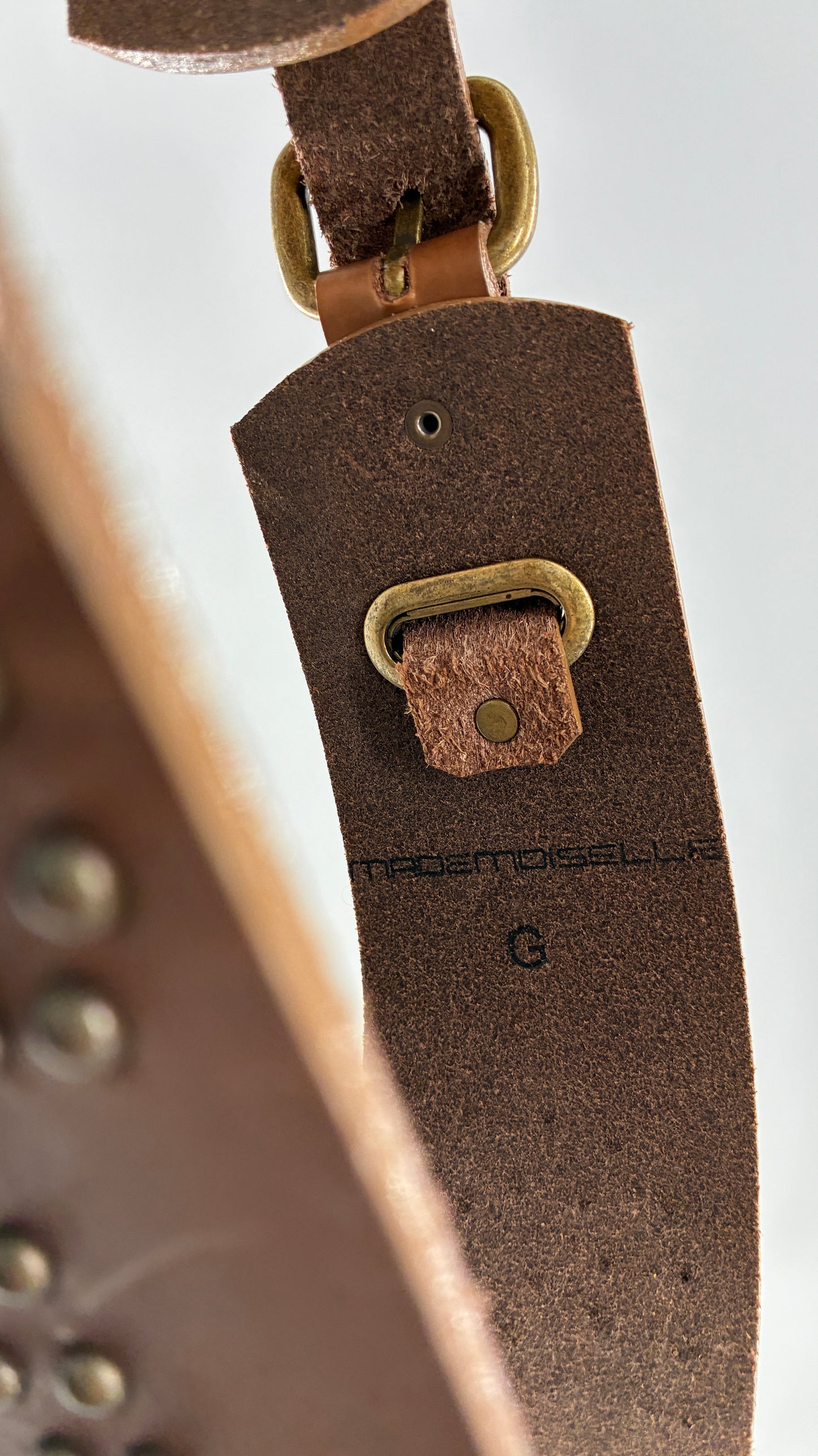 Vintage MADEMOISELLE Bronze Leather Thick Belt with Studded Rhinestone Details (L)