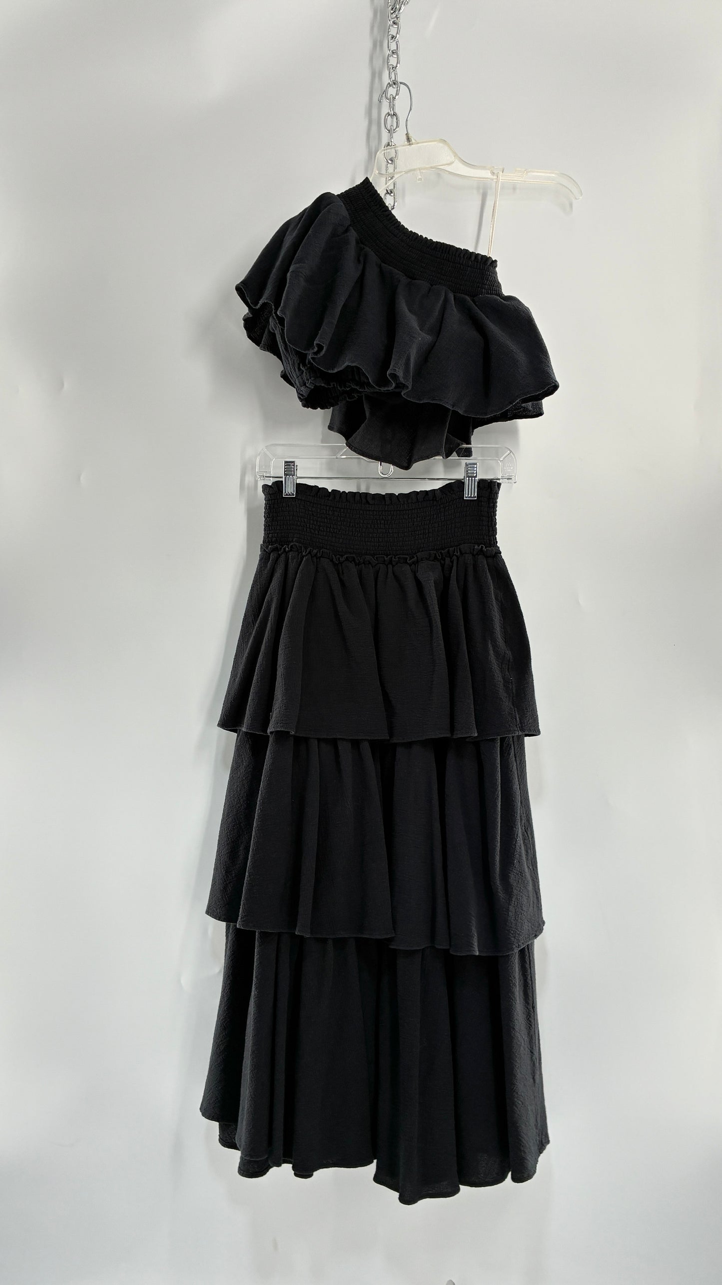 Free People Black Ruffled One Shoulder Top and Ruffled Full Length Skirt Set (XS/S)