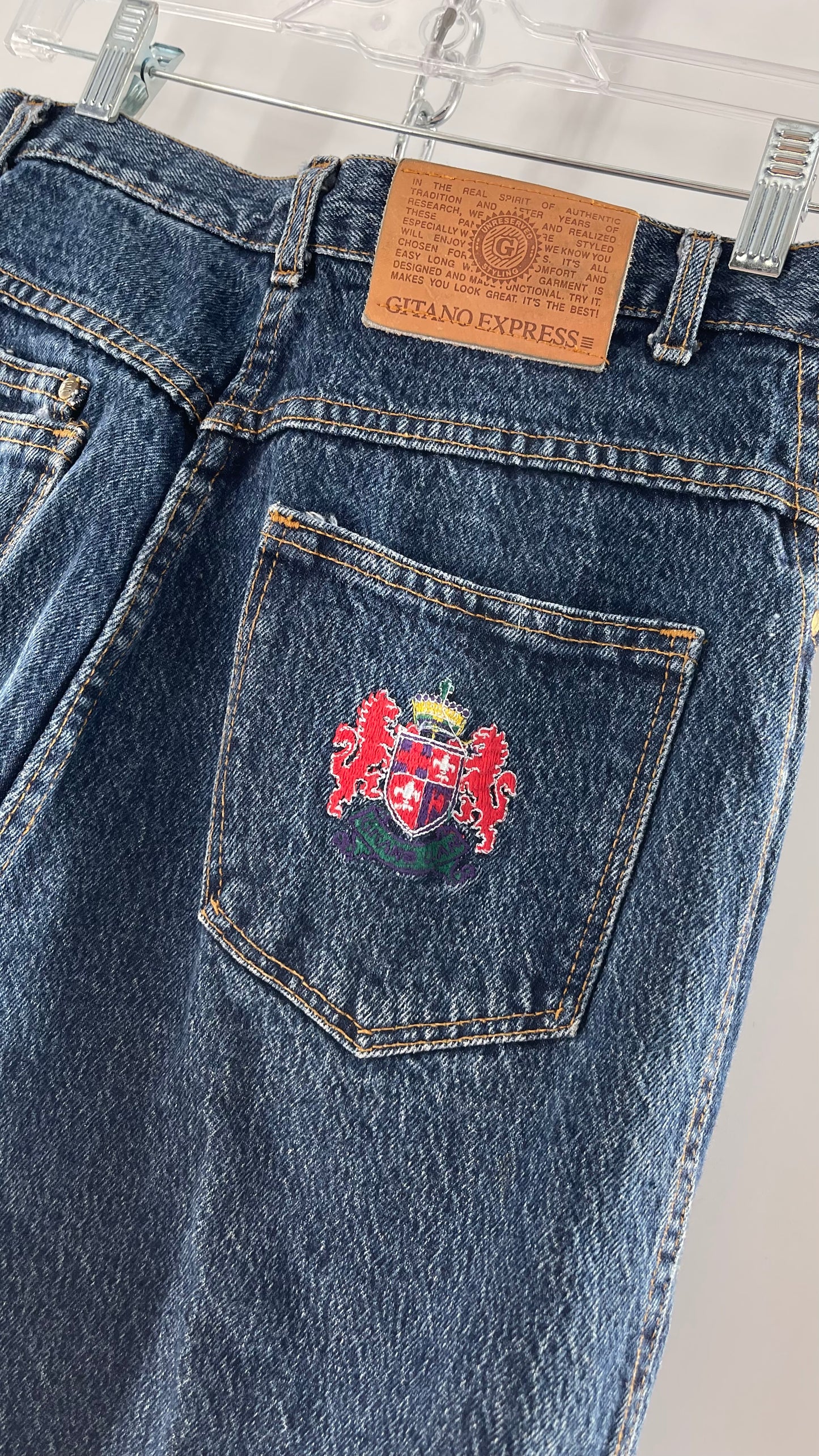 Vintage Medium Wash Ultra High Waisted Gitanos with Embroidered Crest on Back Pocket and Leather Jacron (13/14)