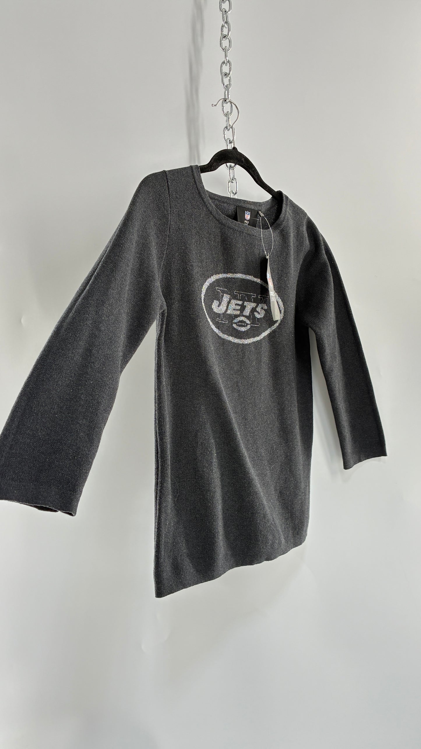 Deadstock Vintage 1990s New York JETS Grey Silver Tinsel NFL Knit Crewneck (Medium)