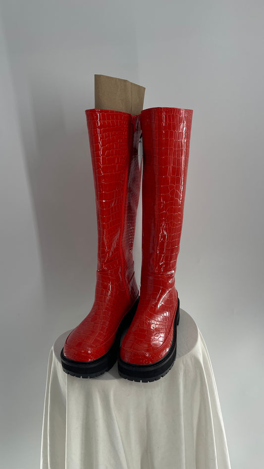 Urban Outfitters Orange Crocodile Embossed Knee High Boots (6)