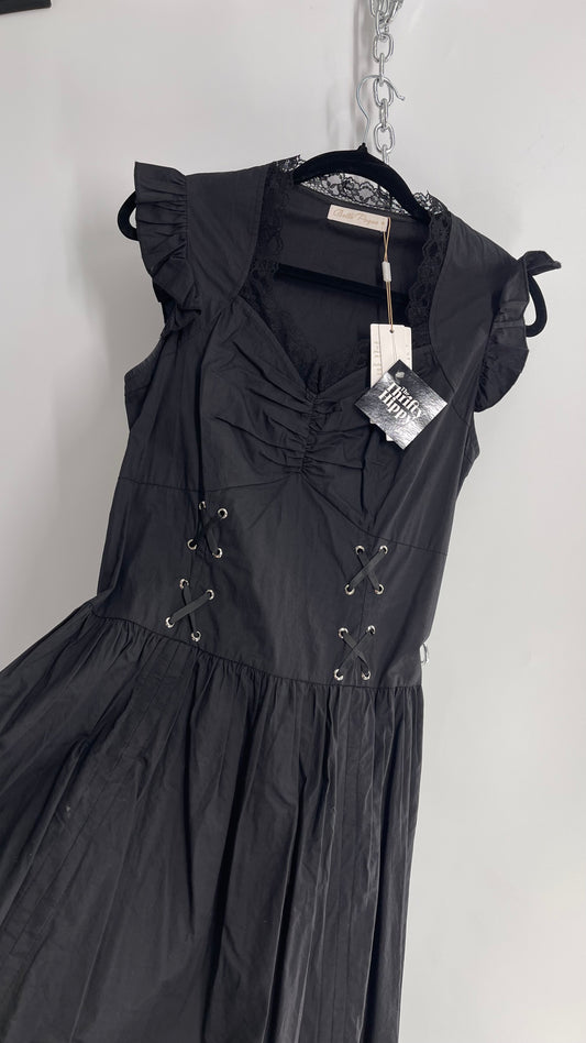 Belle Poque Black Corseted Style Mini Dress with Cinched, Draped Hem and Tags Attached (Medium)