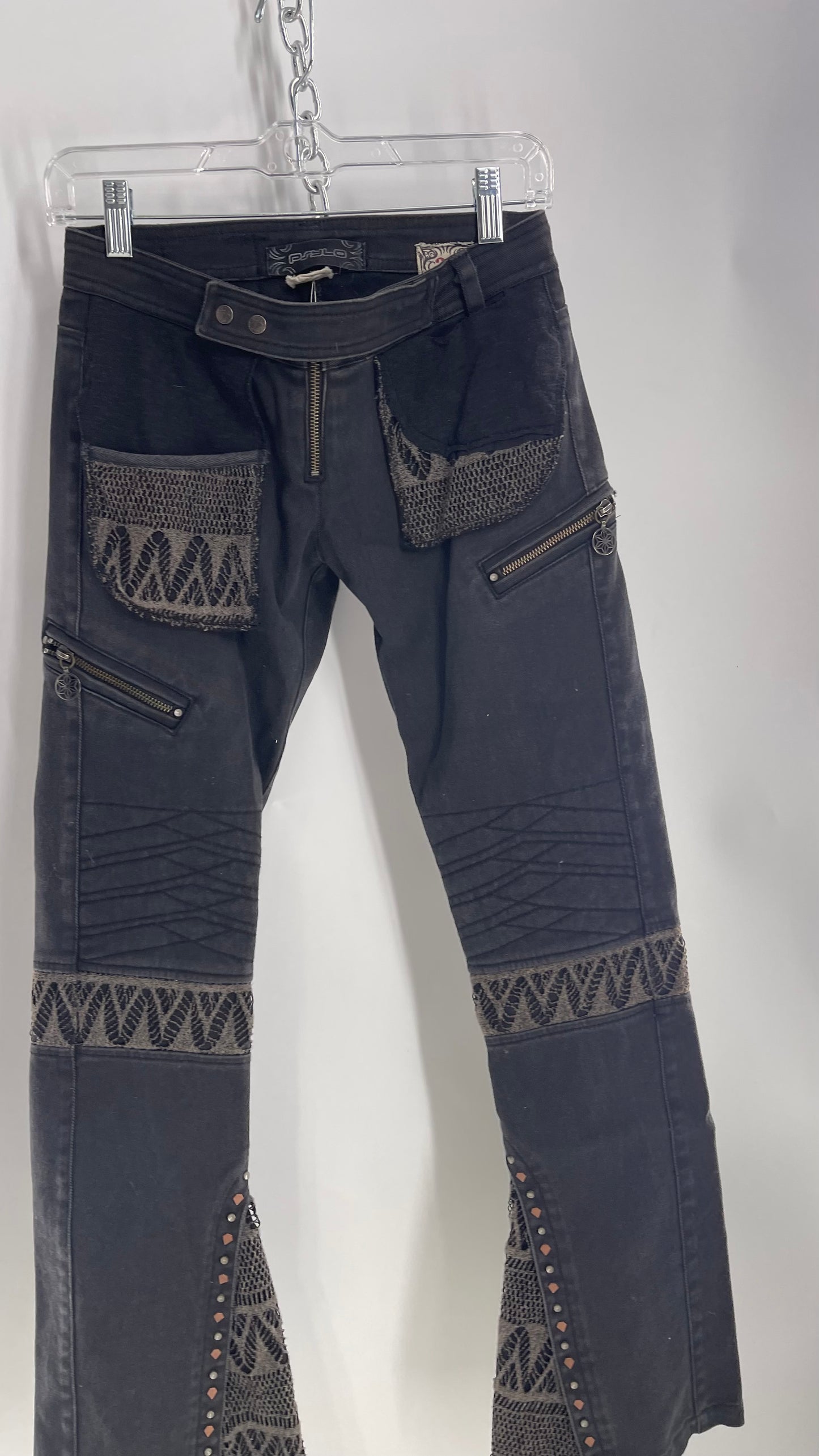 Vintage Rare PSYLO 1990s Low Rise Kick Flare Jeans with Studs, Lace and Hardware (38)