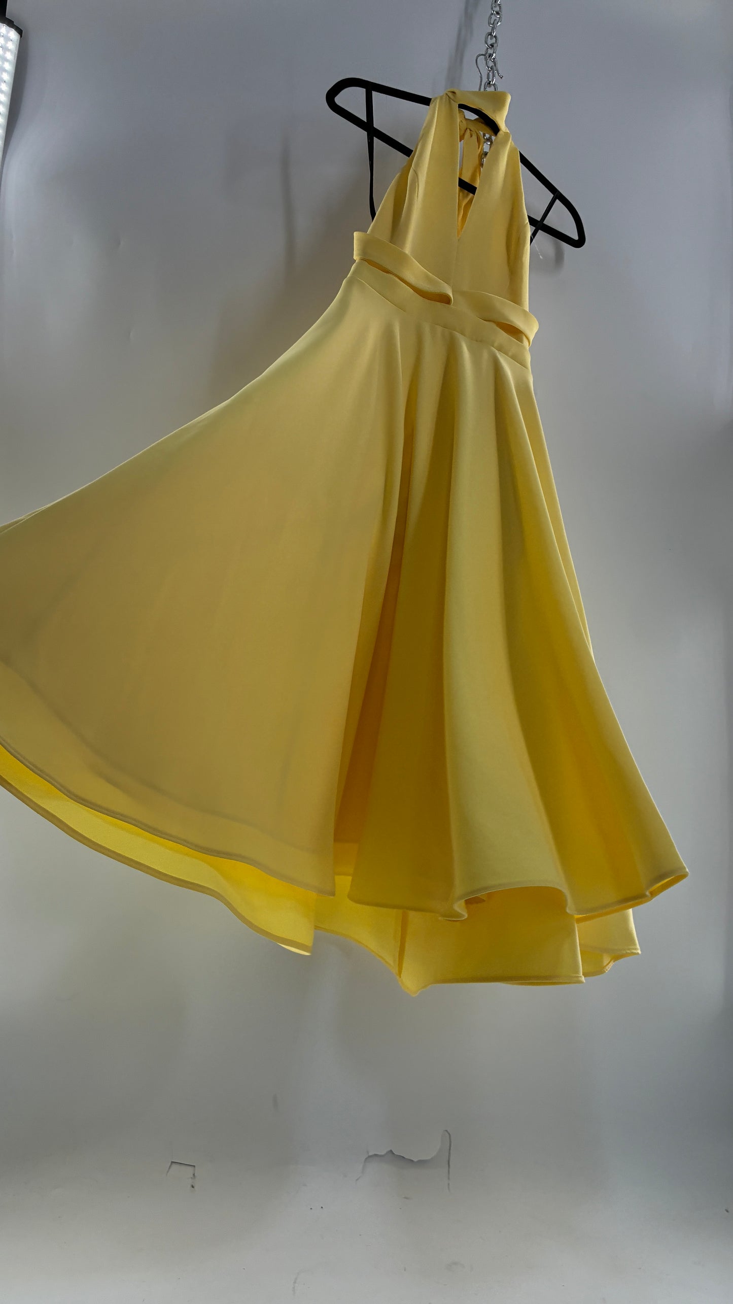 BLACK HALO Yellow High Neck Open Back 1950s Style Circle Skirt Dress with Tags Attached (8,10)