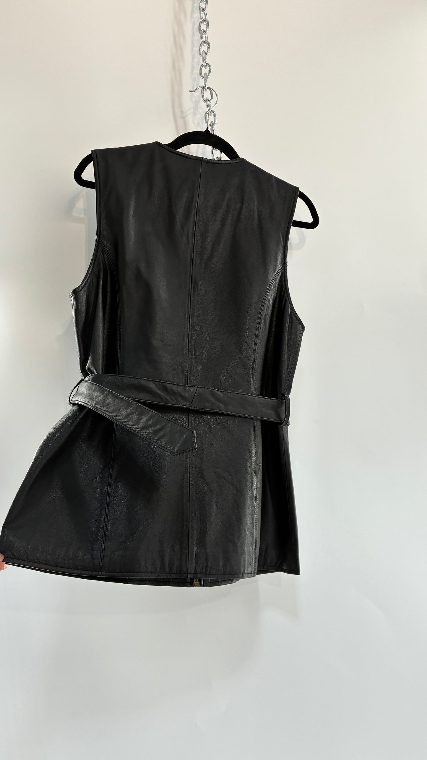 Vintage OTELLO PELLE Black Genuine Leather Belted Vest or Mini Dress Overlay (Small)