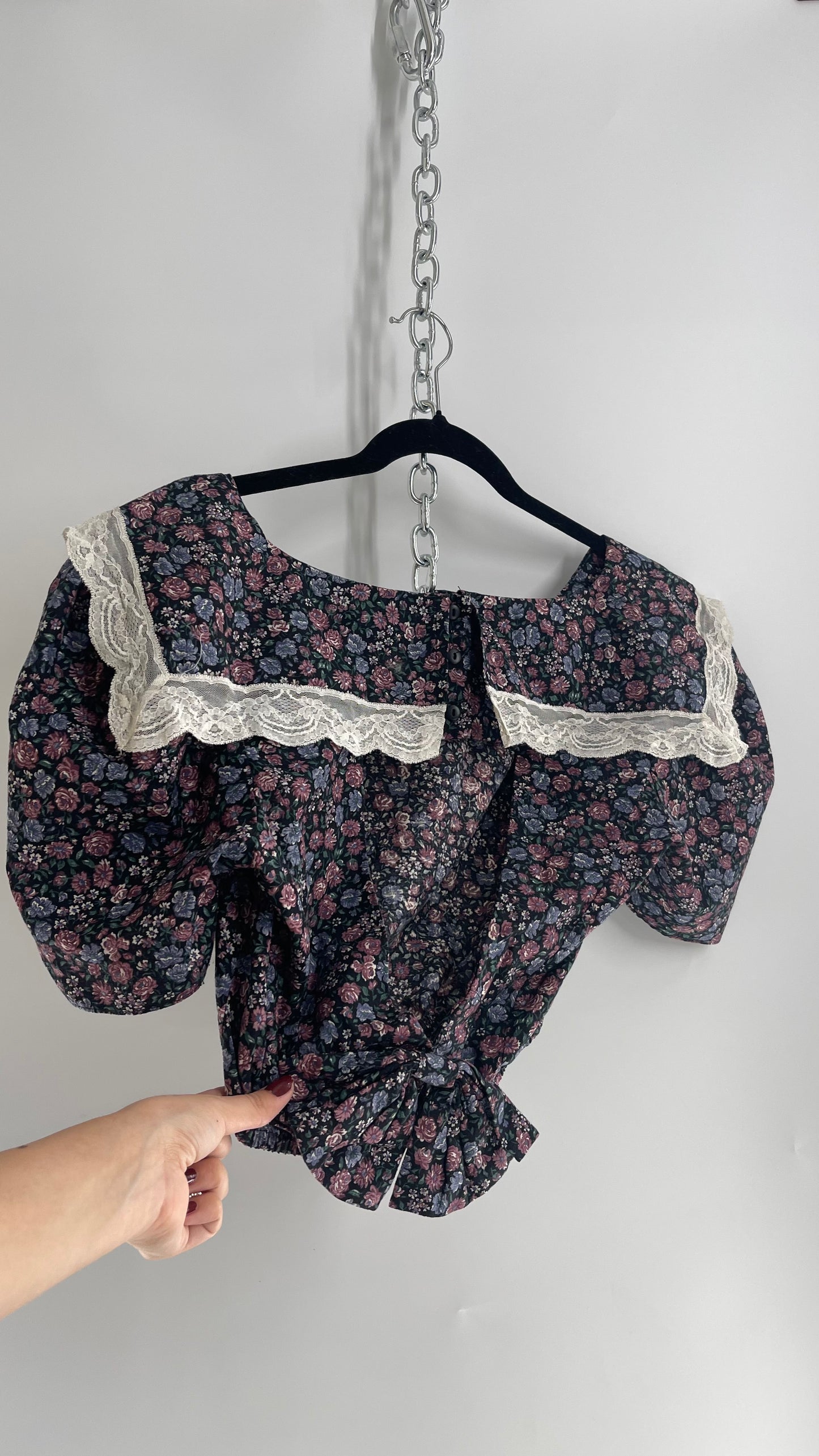 Handmade Reworked Vintage Puff Sleeve Floral Open Back, Bow Detail, Sailor Collar Top (Small)