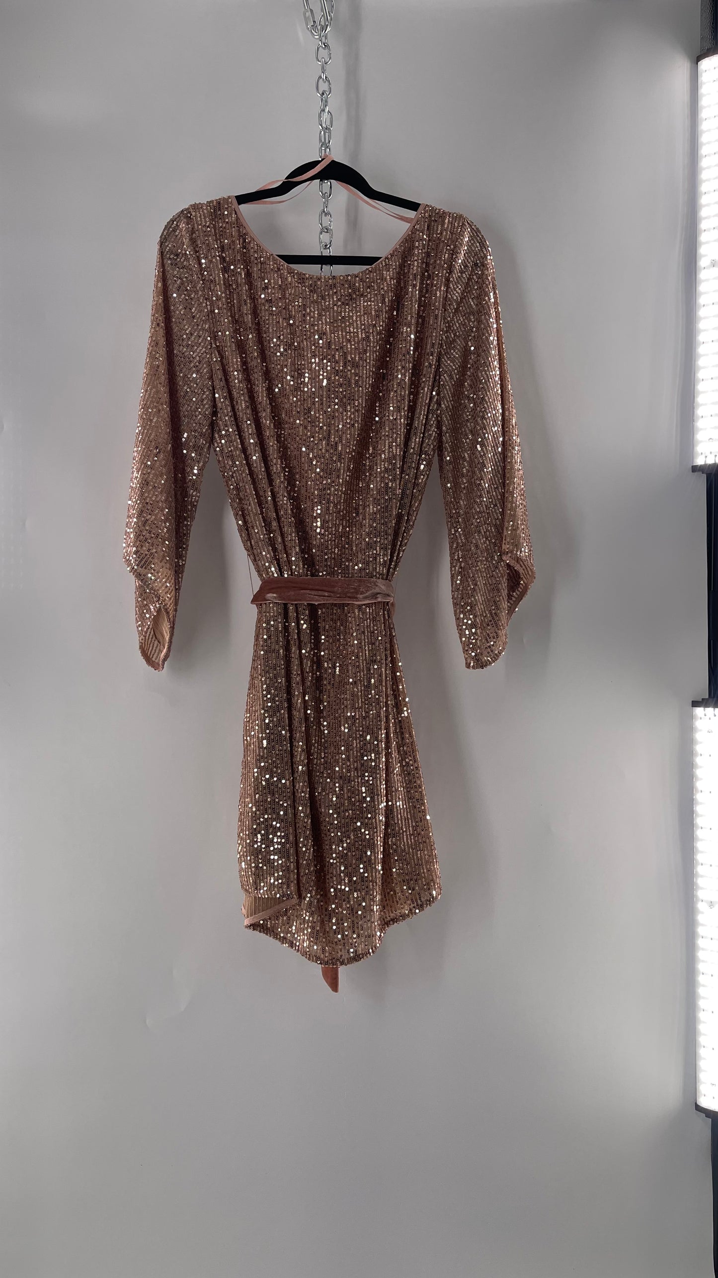 Anthropologie Rose Gold Sequin Dress with Velvet Waist Belt and Tags Attached (XL)