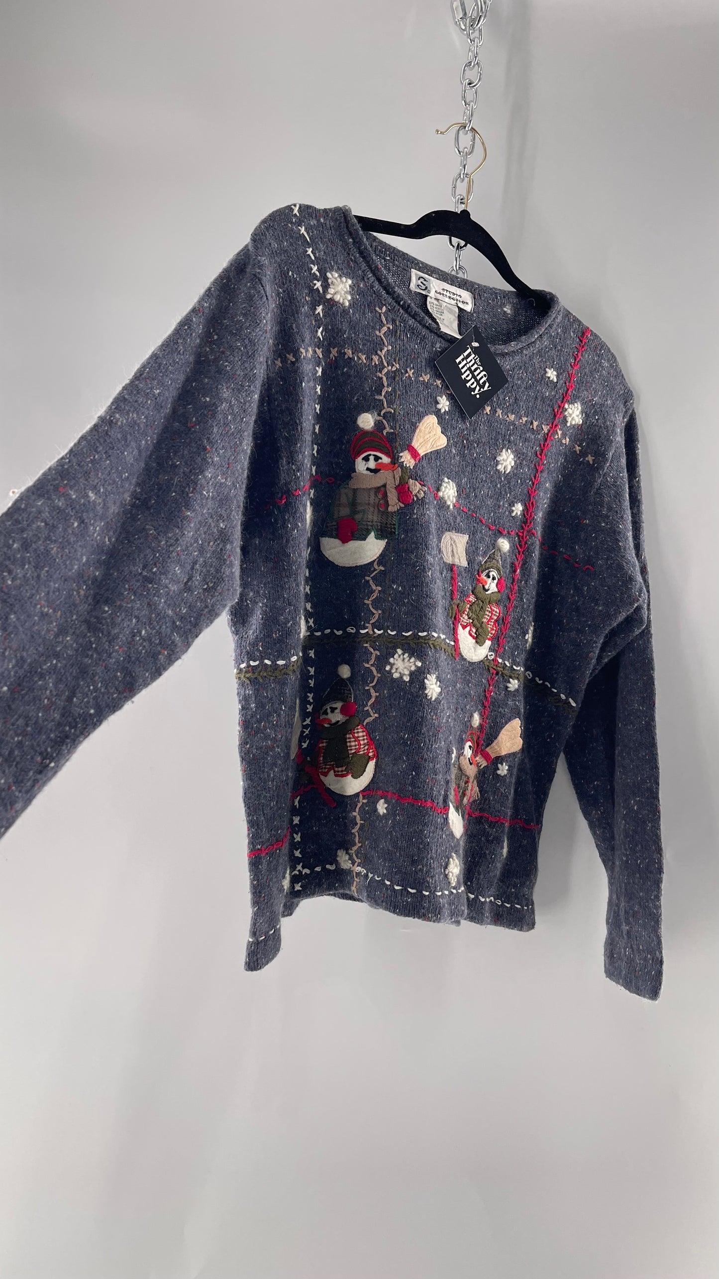 Vintage Urban Outfitters Christmas/Holiday Sweater with Festive Snowmen Snowflakes, and Contrast Stitch Detail  (S)