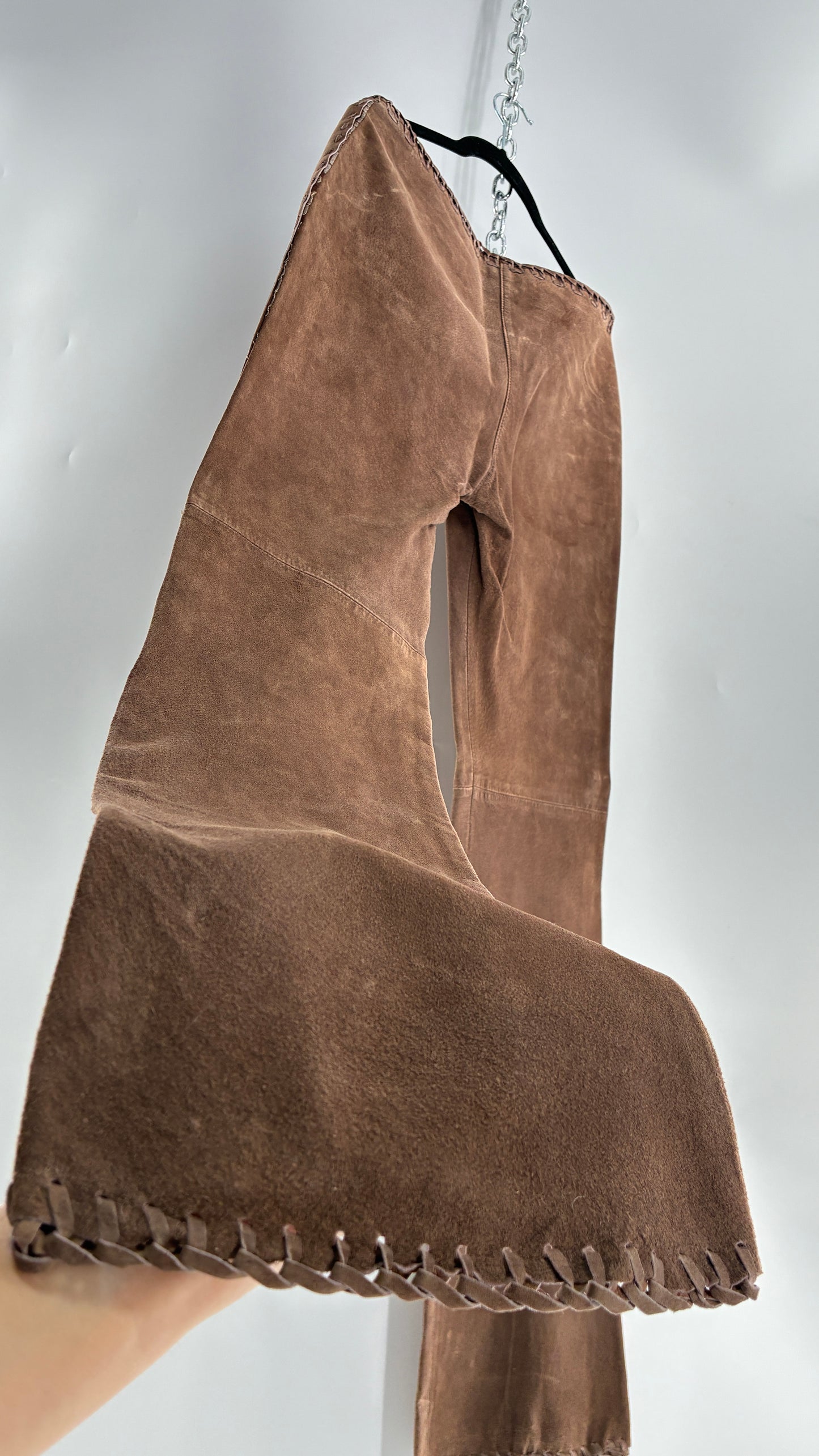Vintage SWEET ROMEO Suede Leather Stitch Side, Braided Hem Pants (10)