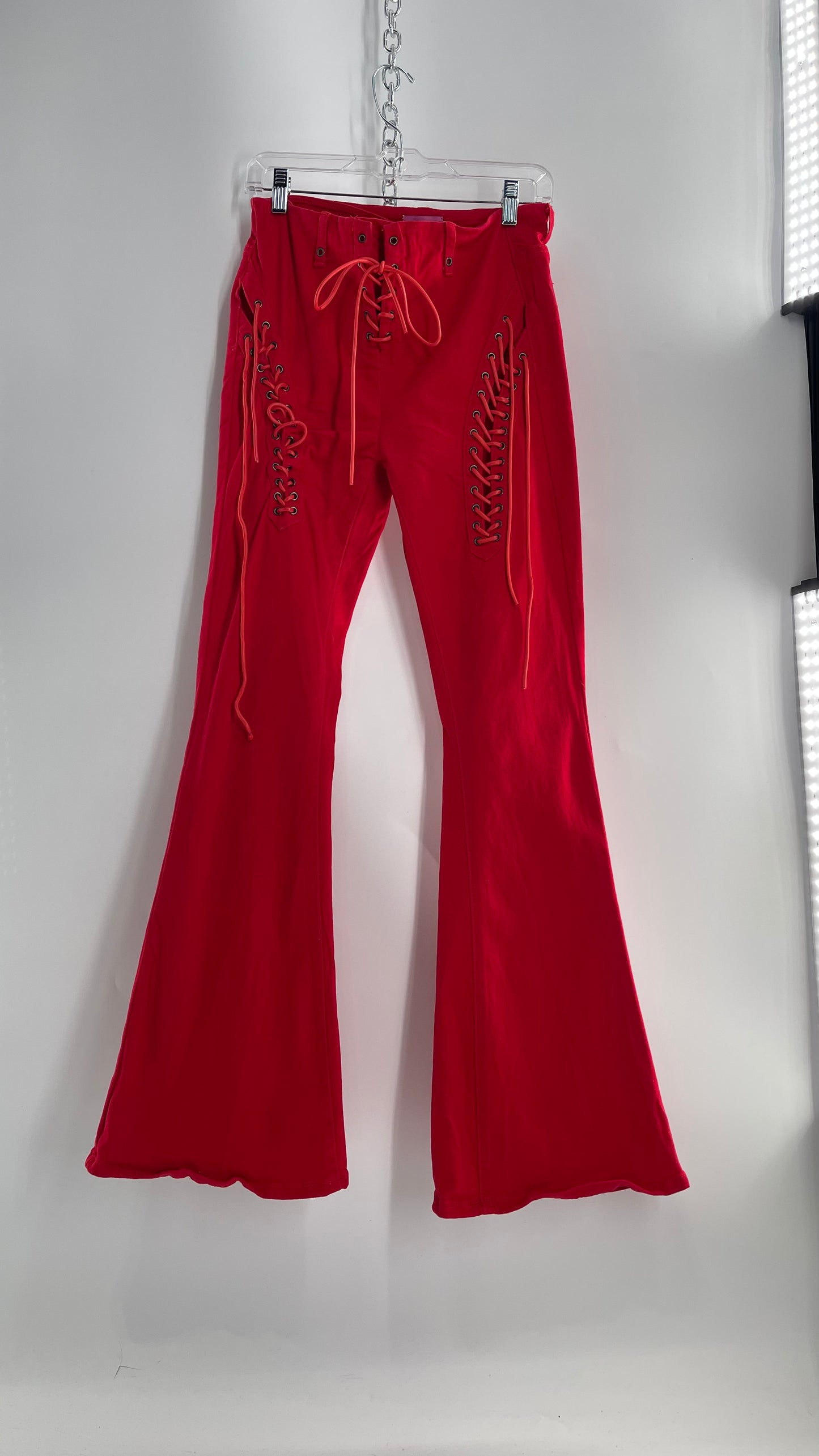 Edikted Rockstar Red Kick Flare Bell Bottoms with Lace Up Thigh and Waistline Detail (Large)