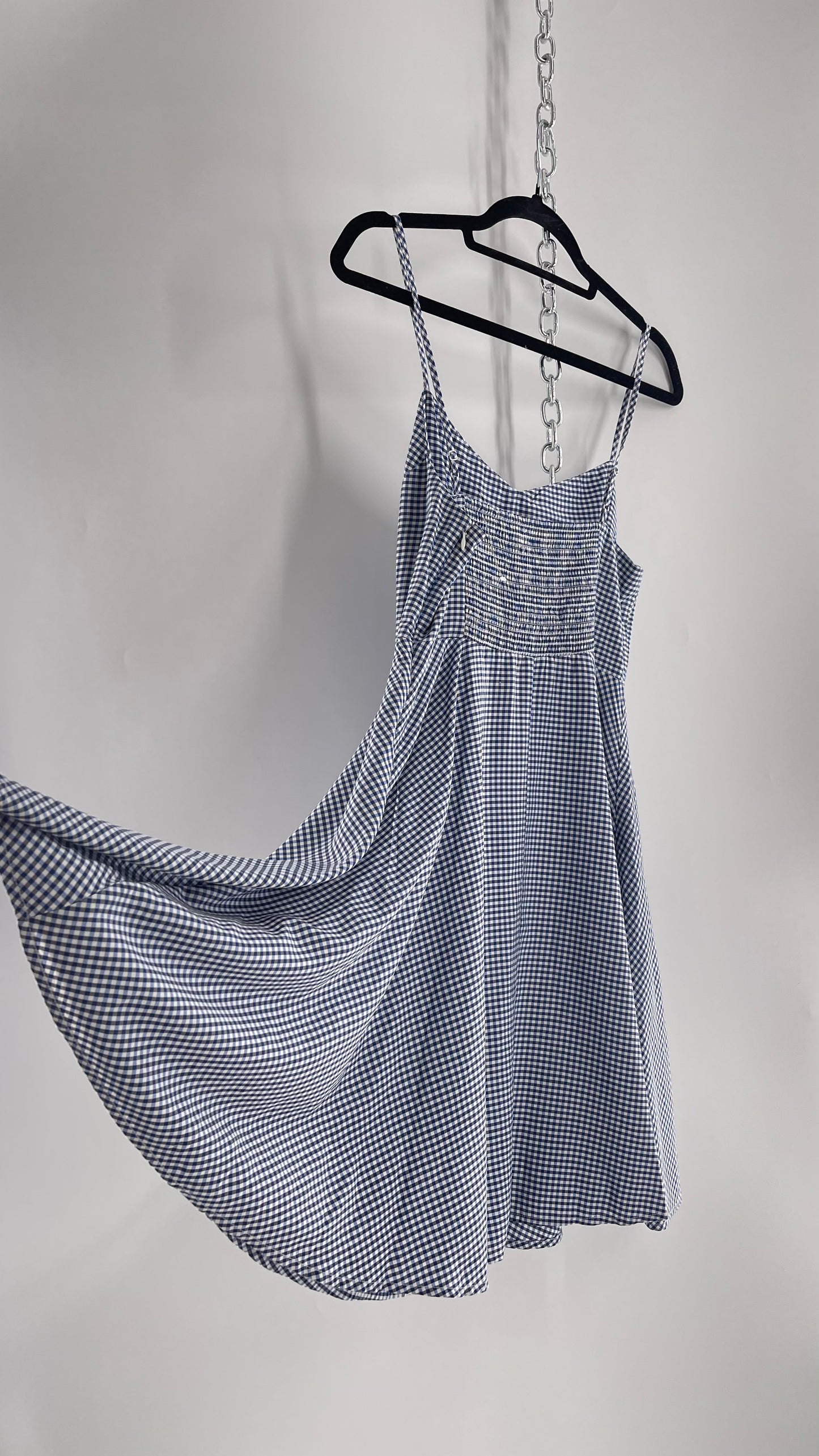 Vintage Style Gingham Blue and White 1950s Circle Skirt Picnic Dress (Medium)