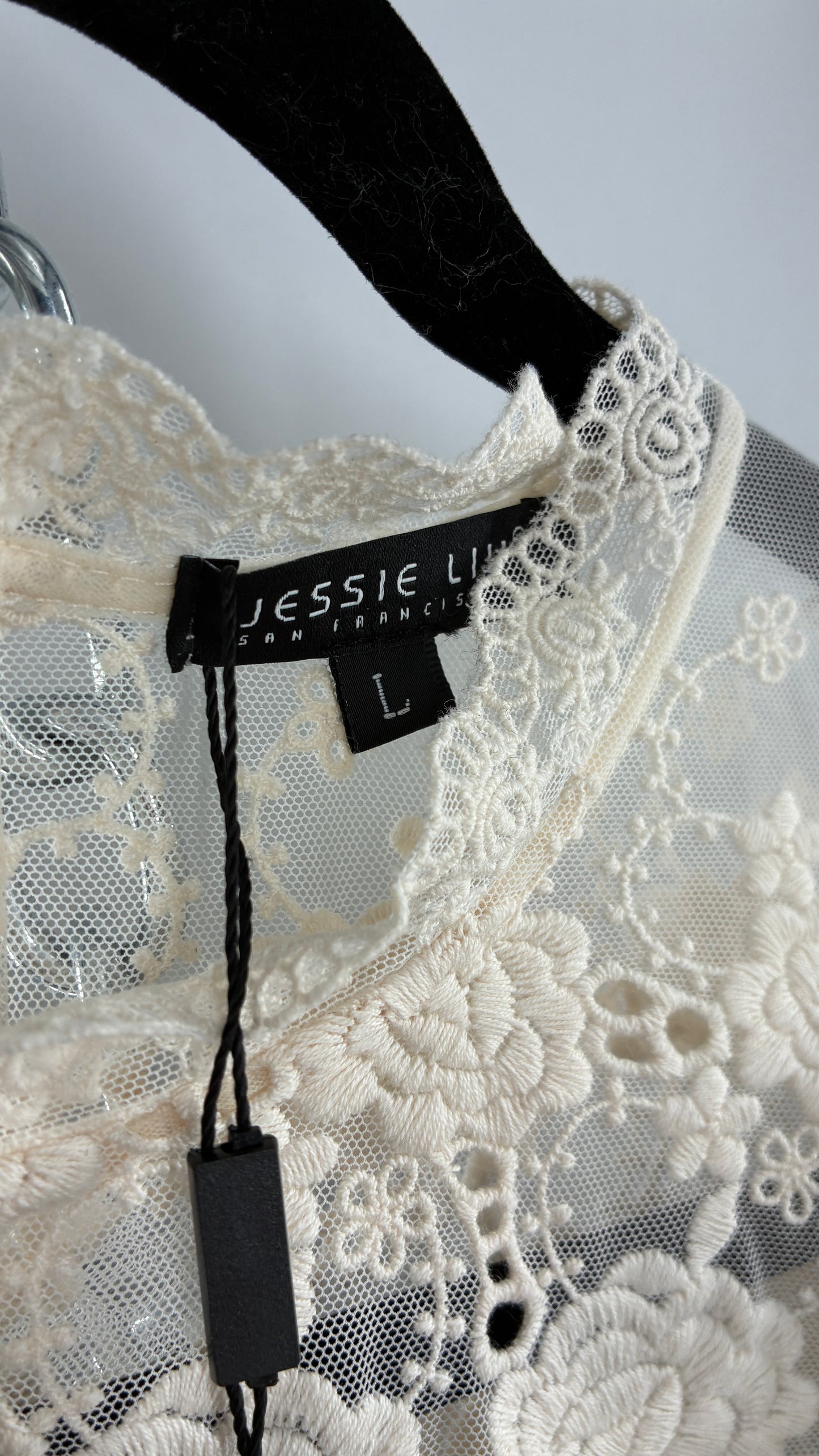 JESSIE LIU Amari Black 100% Merino Wool Sweater with Ivory Lace Neckline and Cuffs (Large)