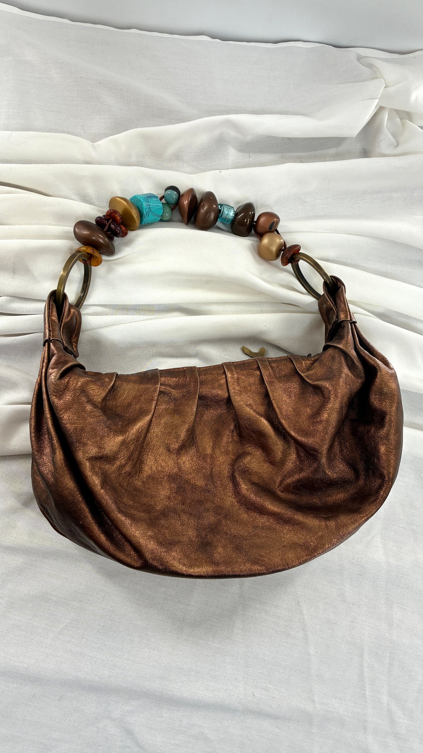 Vintage KARKABA  Metallic Bronze Leather Bag with Exaggerated Beaded Handles