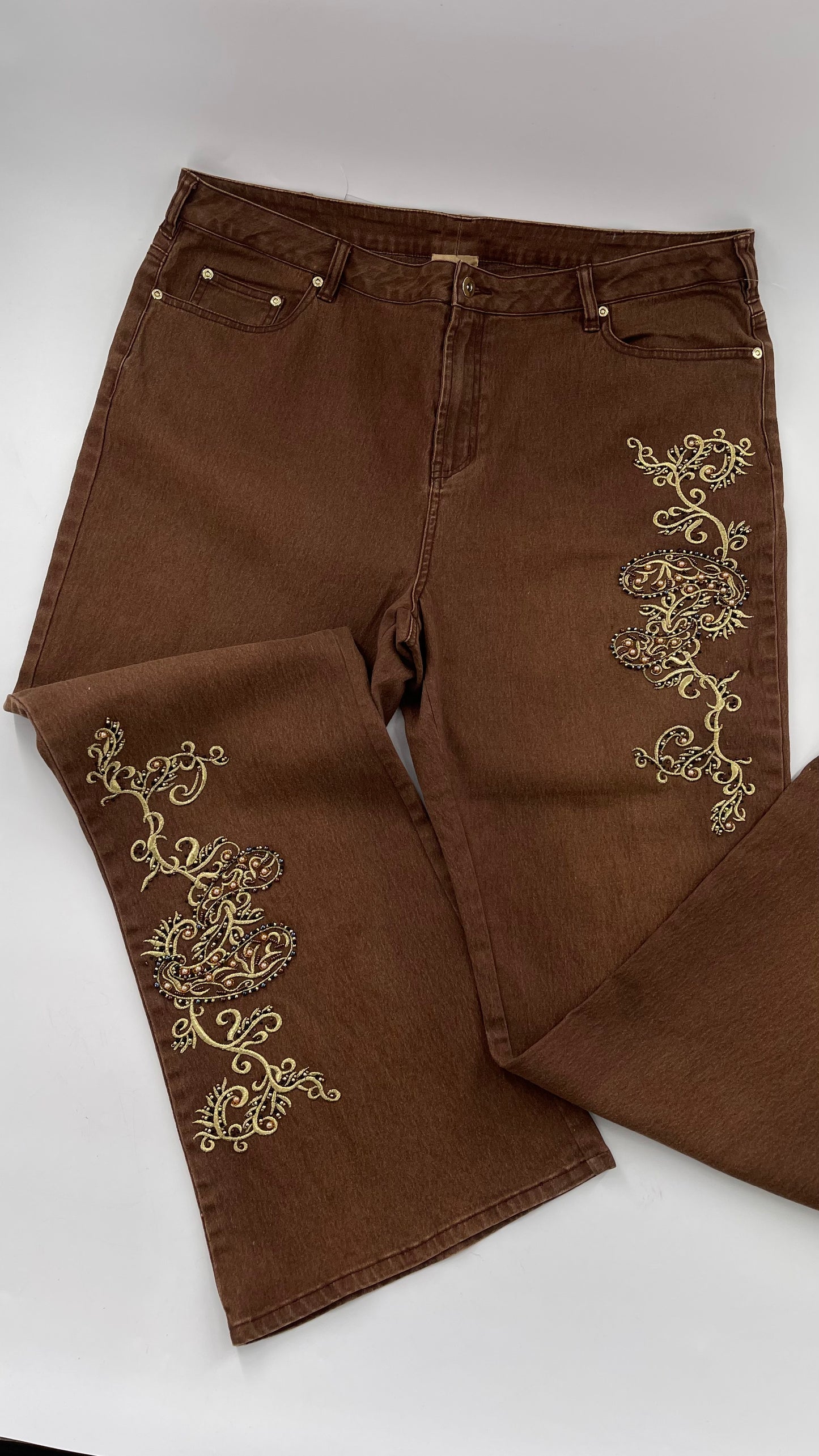 Vintage Midnight Velvet Embroidered + Beaded Brown Flares (18W)