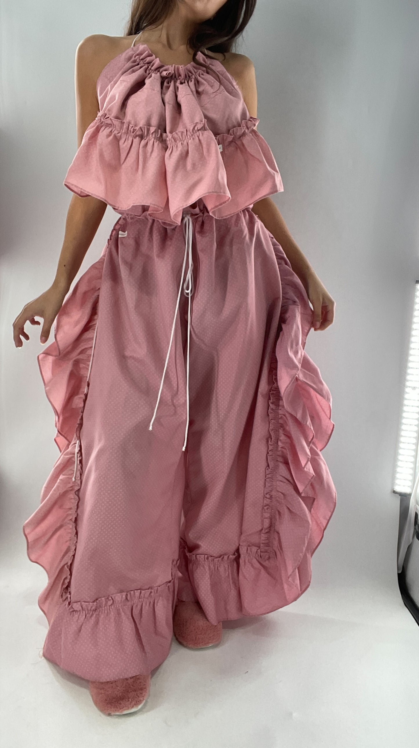 Vintage Handmade Maisie Pink 2pc Set with Ruffle Side/Ruffle Bum and Adjustable Waist Line and Blouse (One Size)