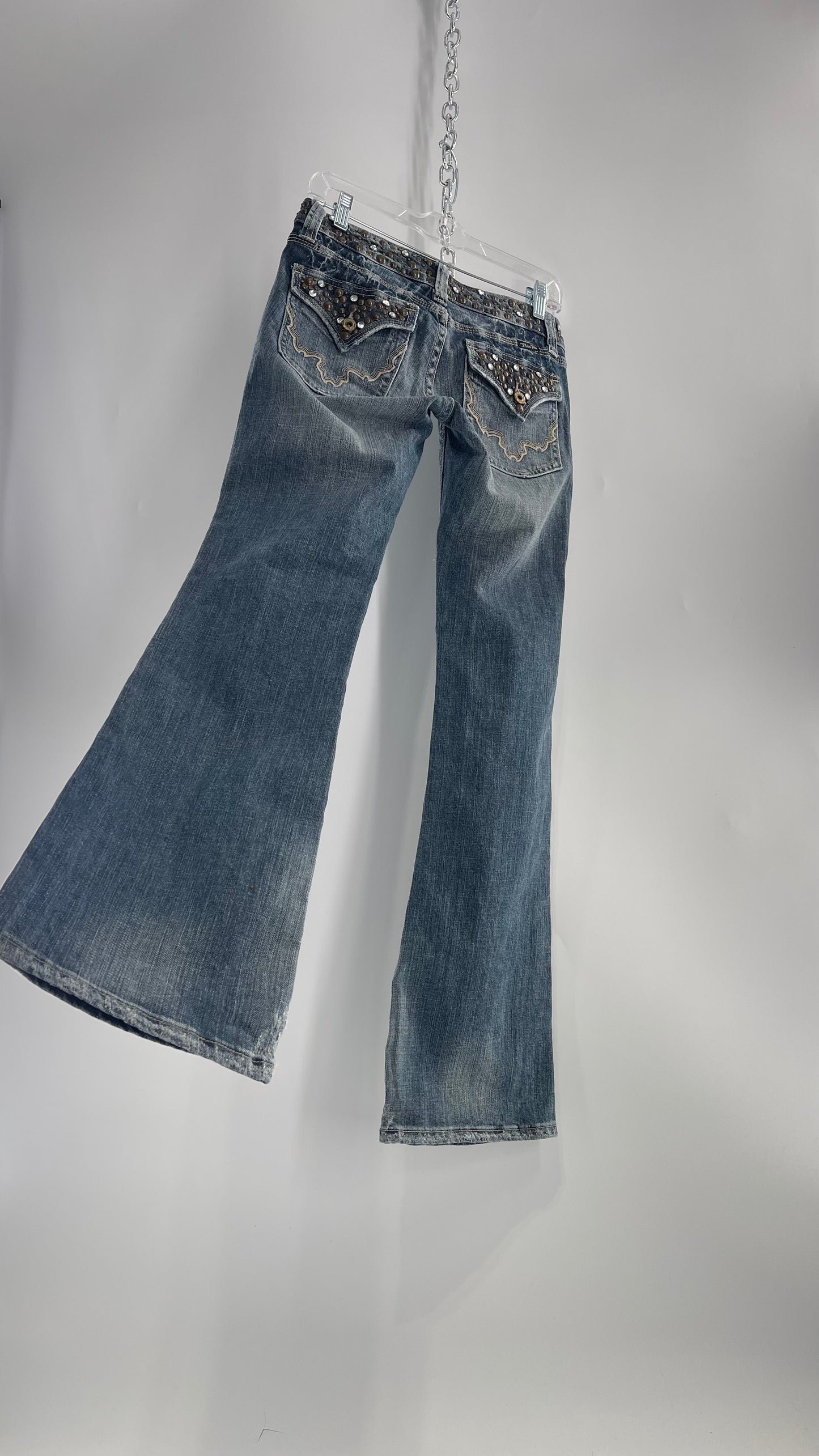 Vintage Miss Me Grainy Stone Wash Kick Flares with Studded Low Waist and Back Pockets (26)