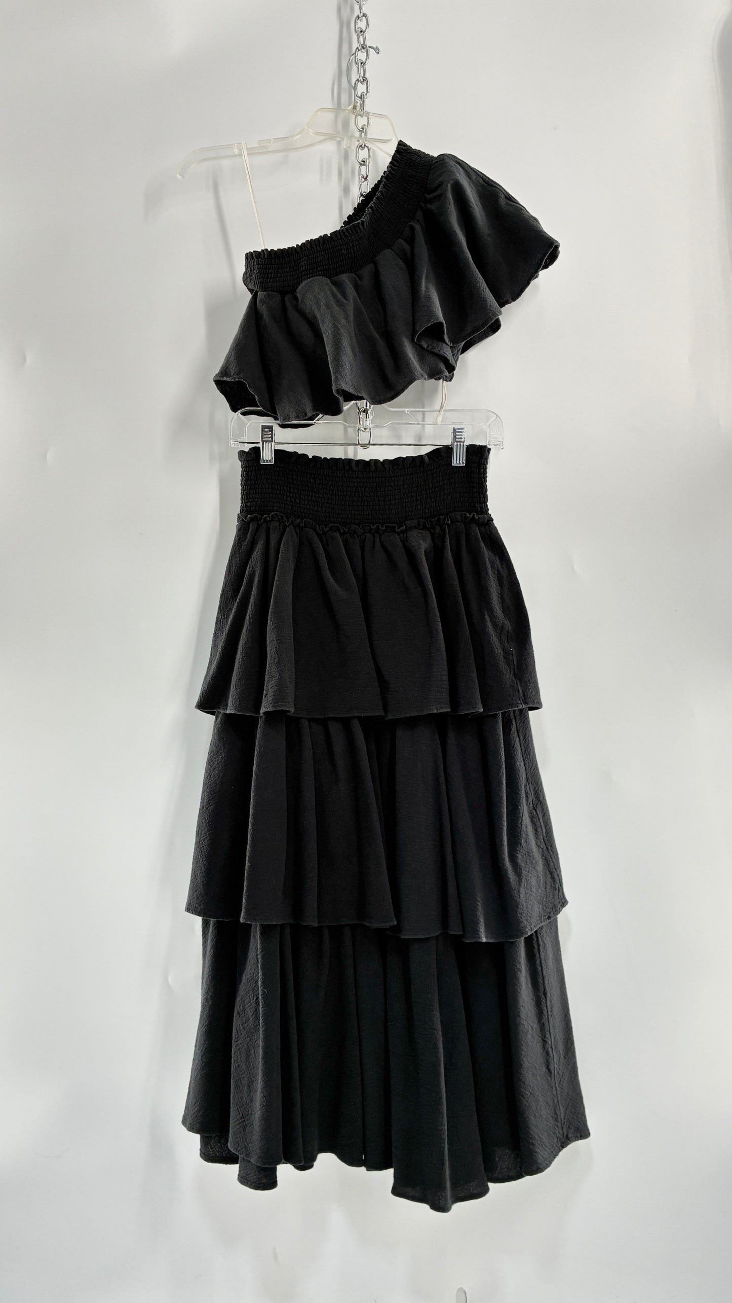 Free People Black Ruffled One Shoulder Top and Ruffled Full Length Skirt Set (XS/S)