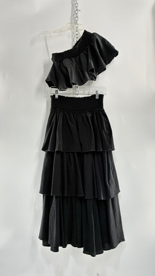 Free People Black Ruffled One Shoulder Top and Ruffled Full Length Skirt Set (XS/S)