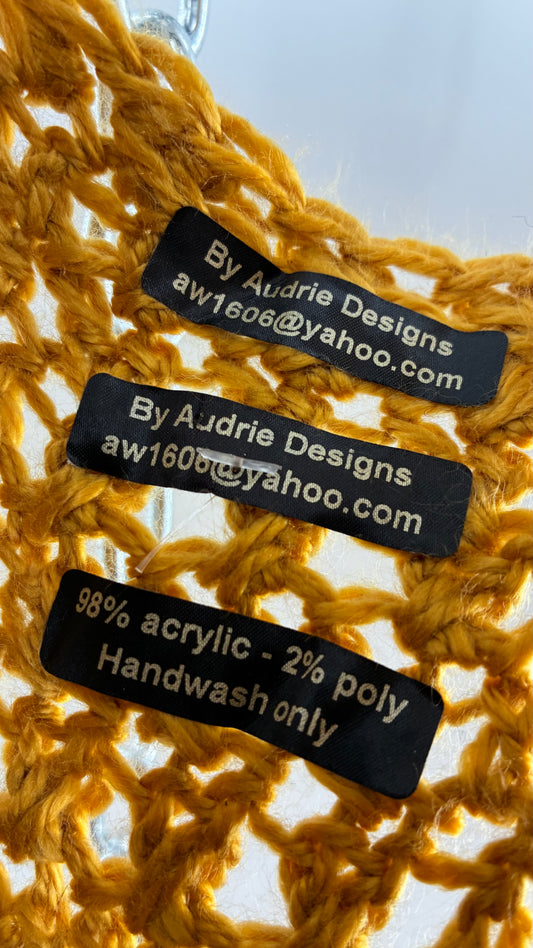 Vintage AUDRIE DESIGNS Mustard Crochet Bell Sleeve Duster Sweater Gown, Hand Knit  (OS)