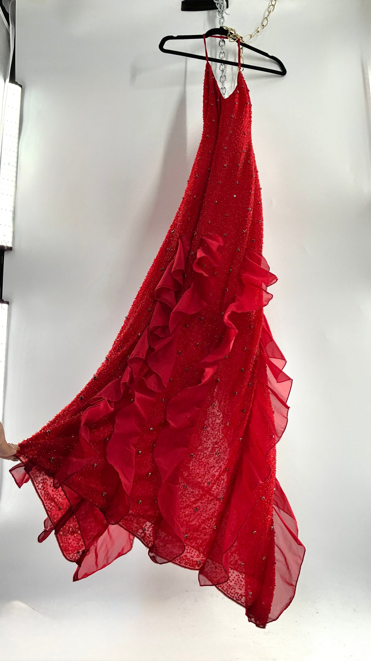 OH POLLY Red Beaded Gown with Ruffled Detailing NWOT (14)