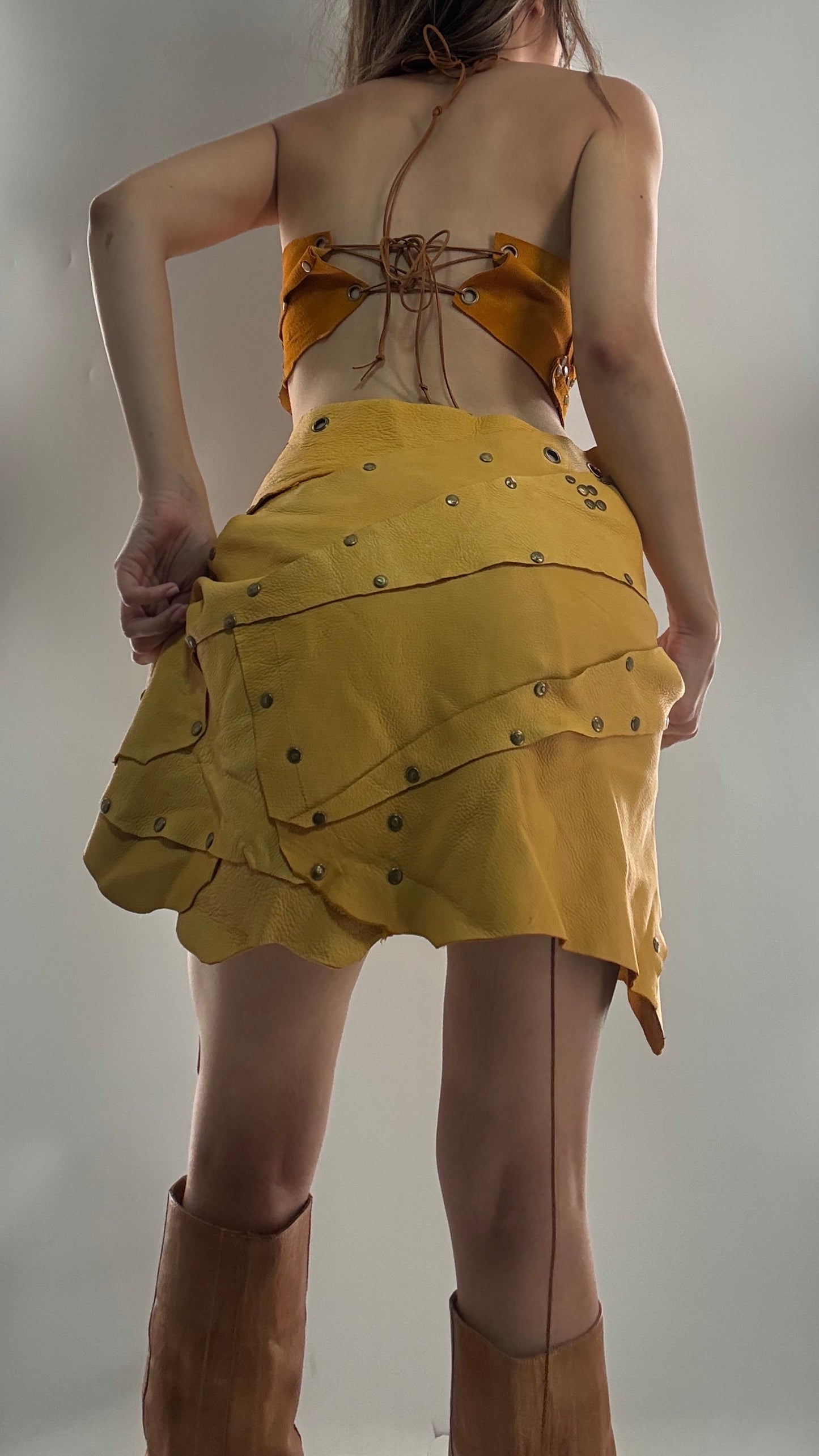 Handmade 1 of 1 and Pressed Genuine Suede and Pebbled Leather Reversible Corset Top and Grommet Skirt Set (XS-M)