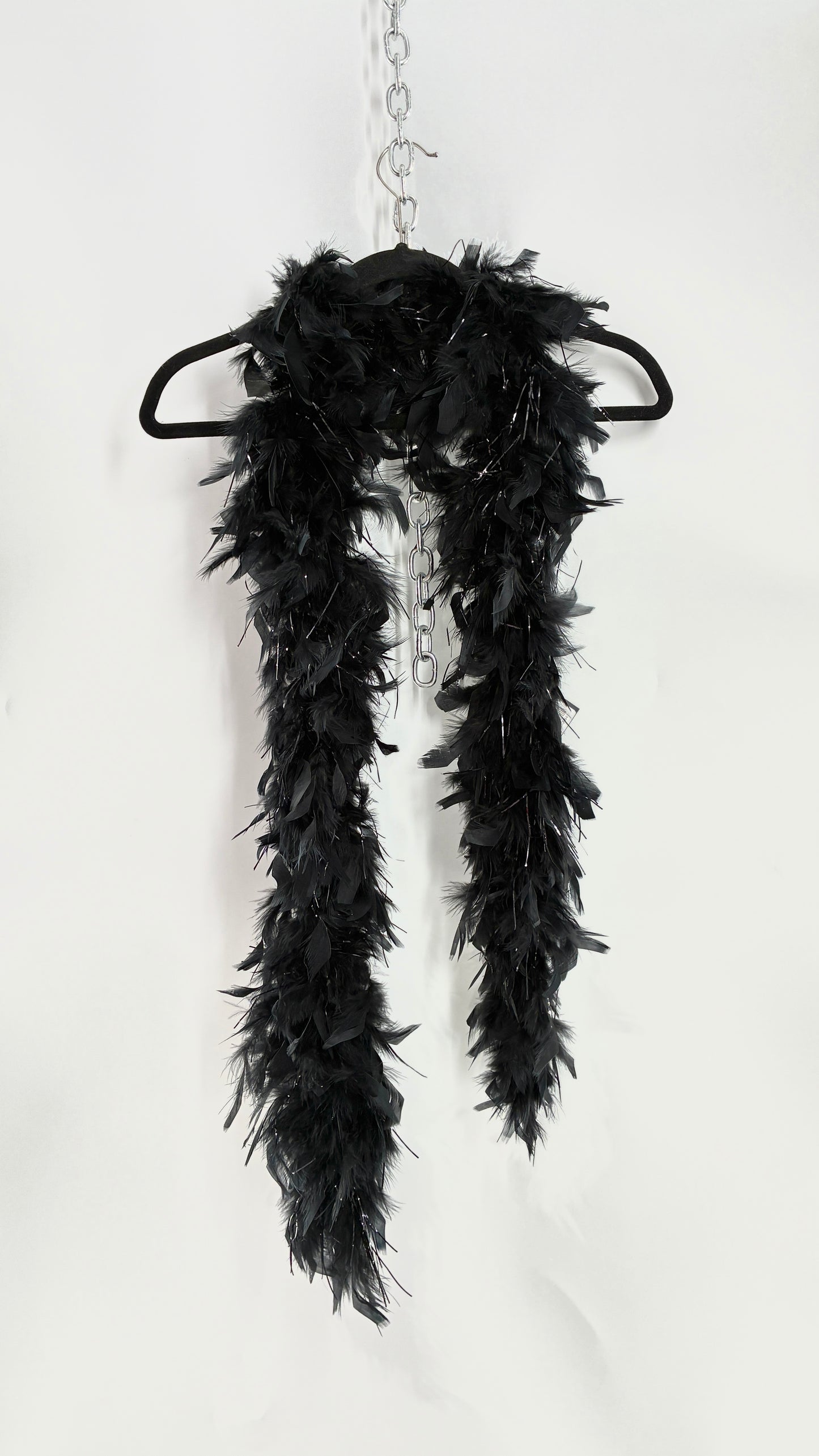 Vintage Black Ostrich Feather Scarf with Silver Tinsel