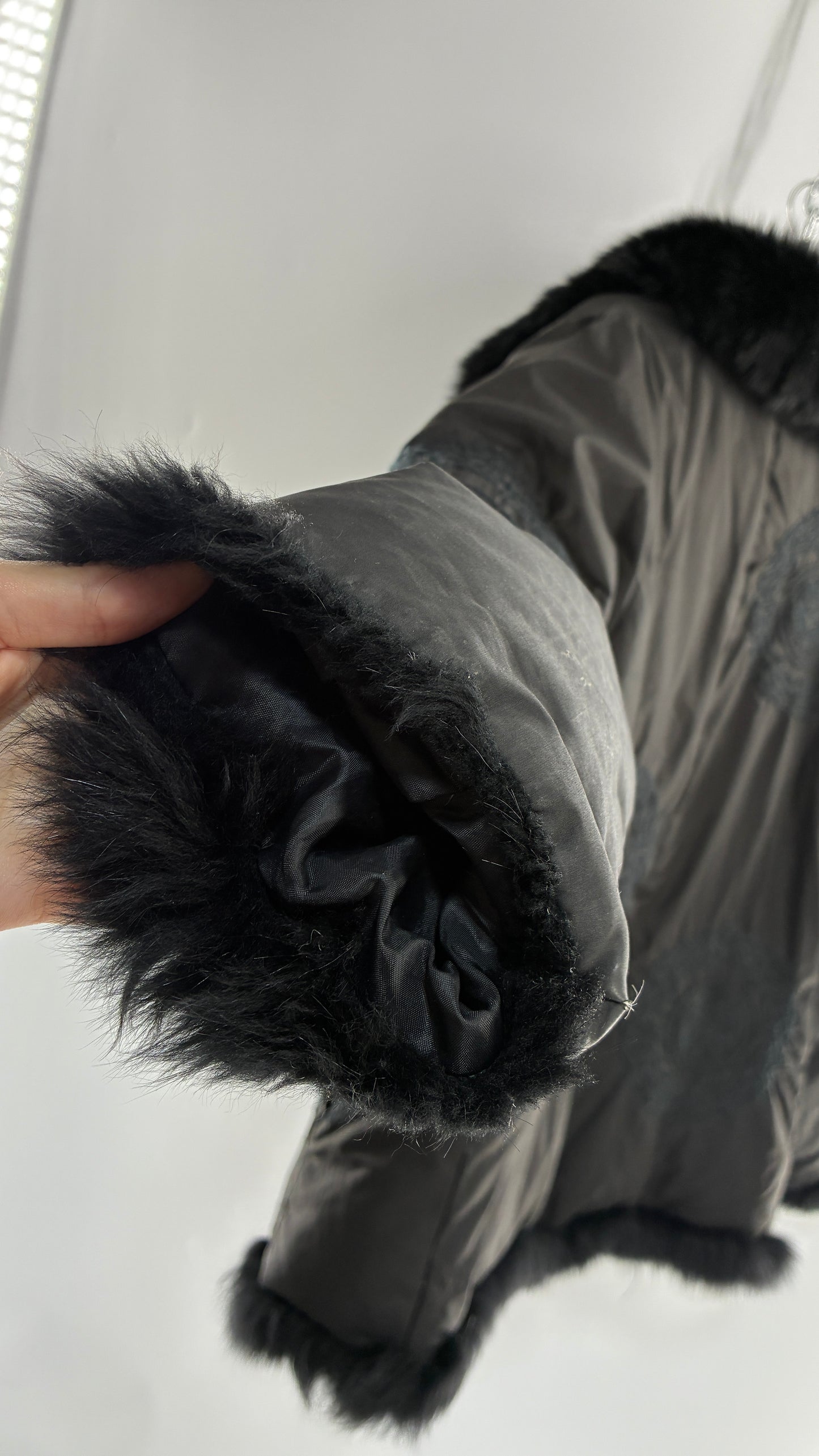 Vintage Gi & JO Black Down and Feather Puffer Jacket with Exaggerated Genuine Rabbit Fur Trim and Mandala Embroidery (Medium)