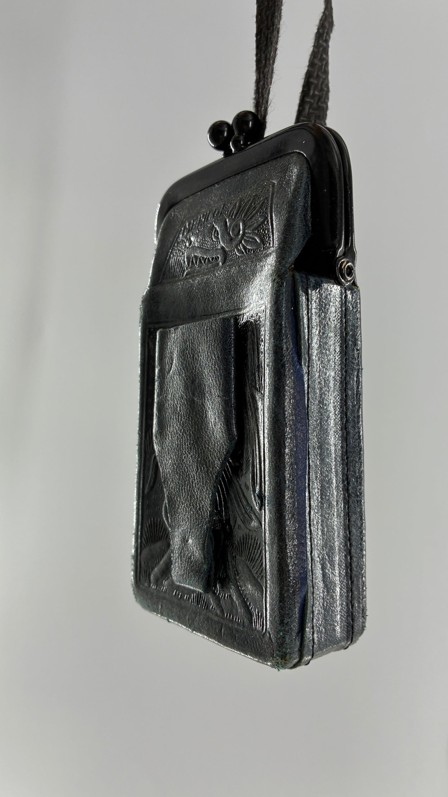 Vintage Mexican Black Engraved Leather Cigarette Pouch with Lighter Holster