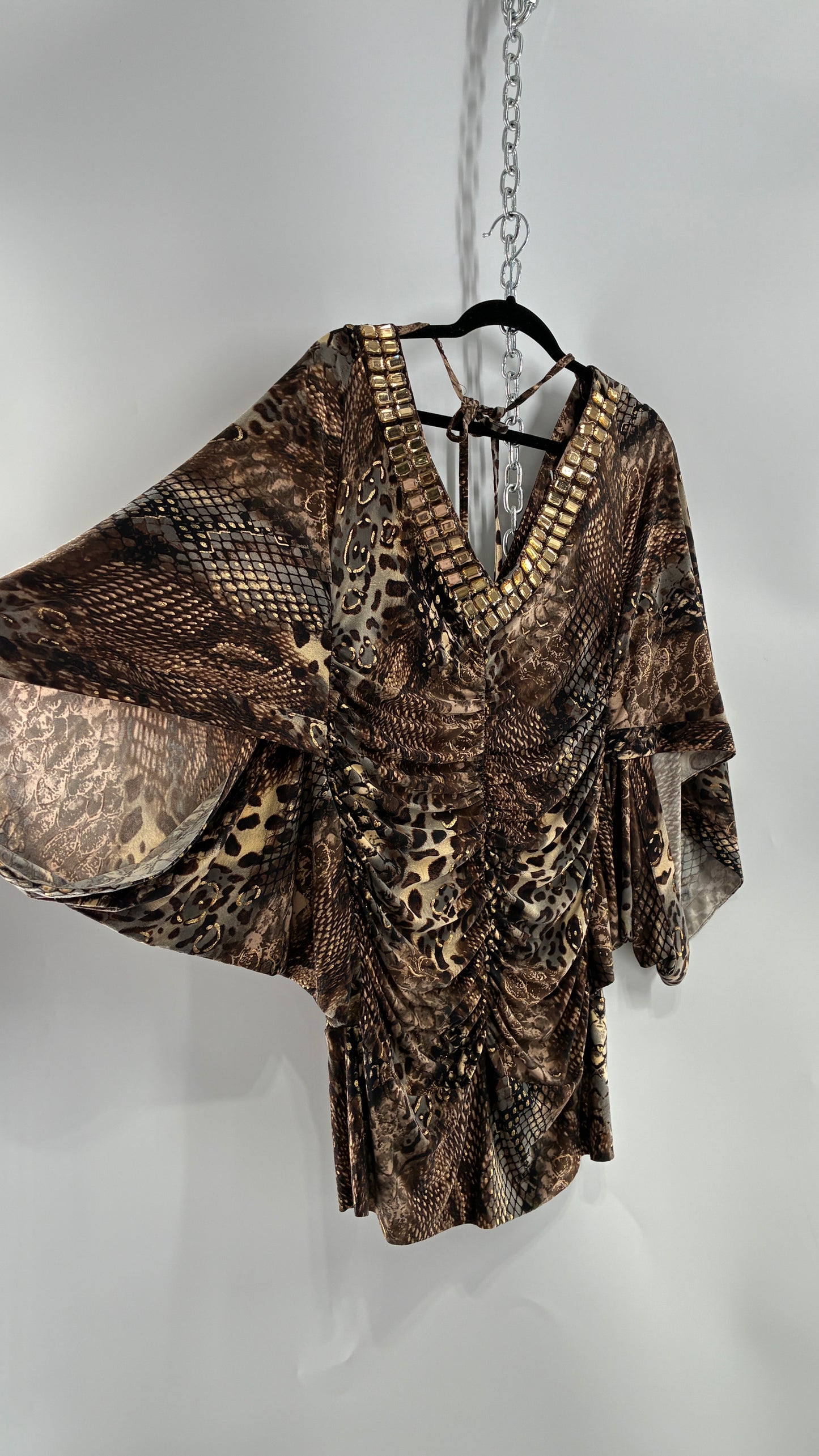 Vintage ZIZZI Metallic Animal Print Mini Dress with Draping Sleeves and Rhinestone Neckline  (Large)