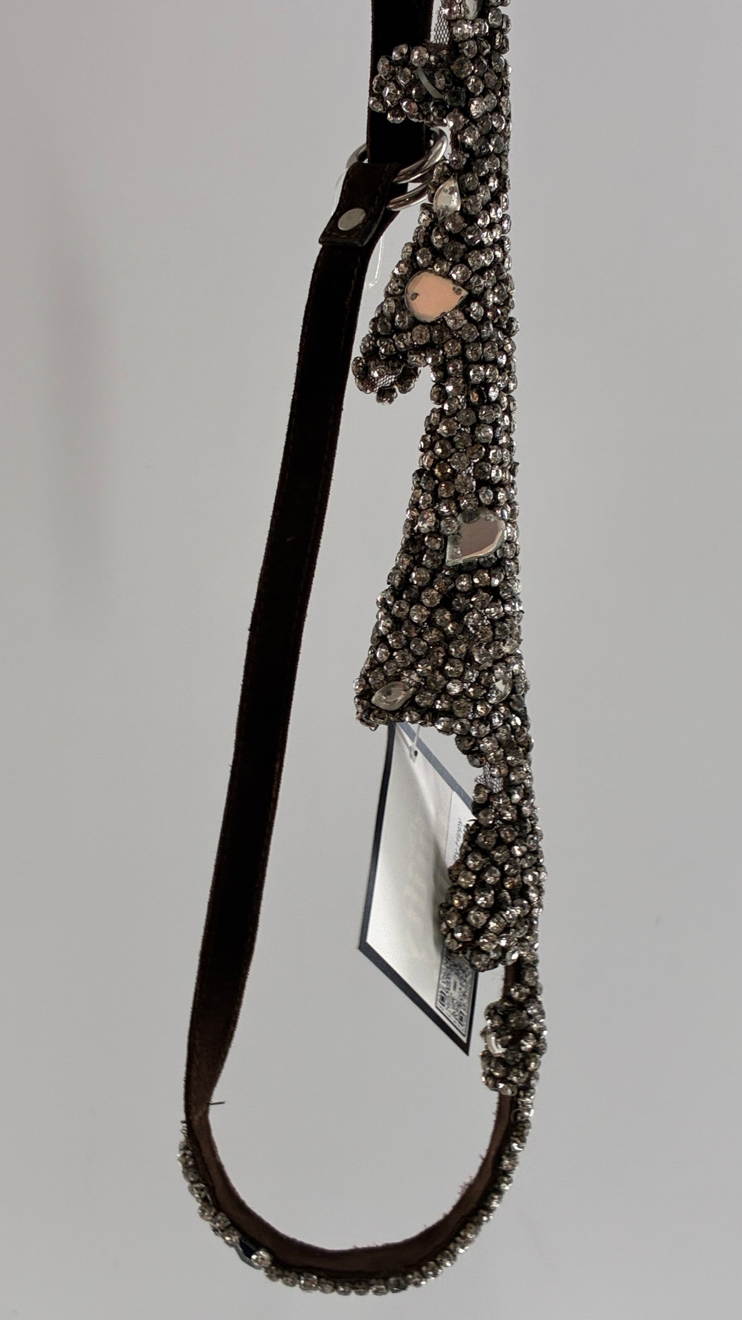 Vintage Brown Suede Leather Scalloped Belt Covered in Rhinestones and Heavy Ornate Beading