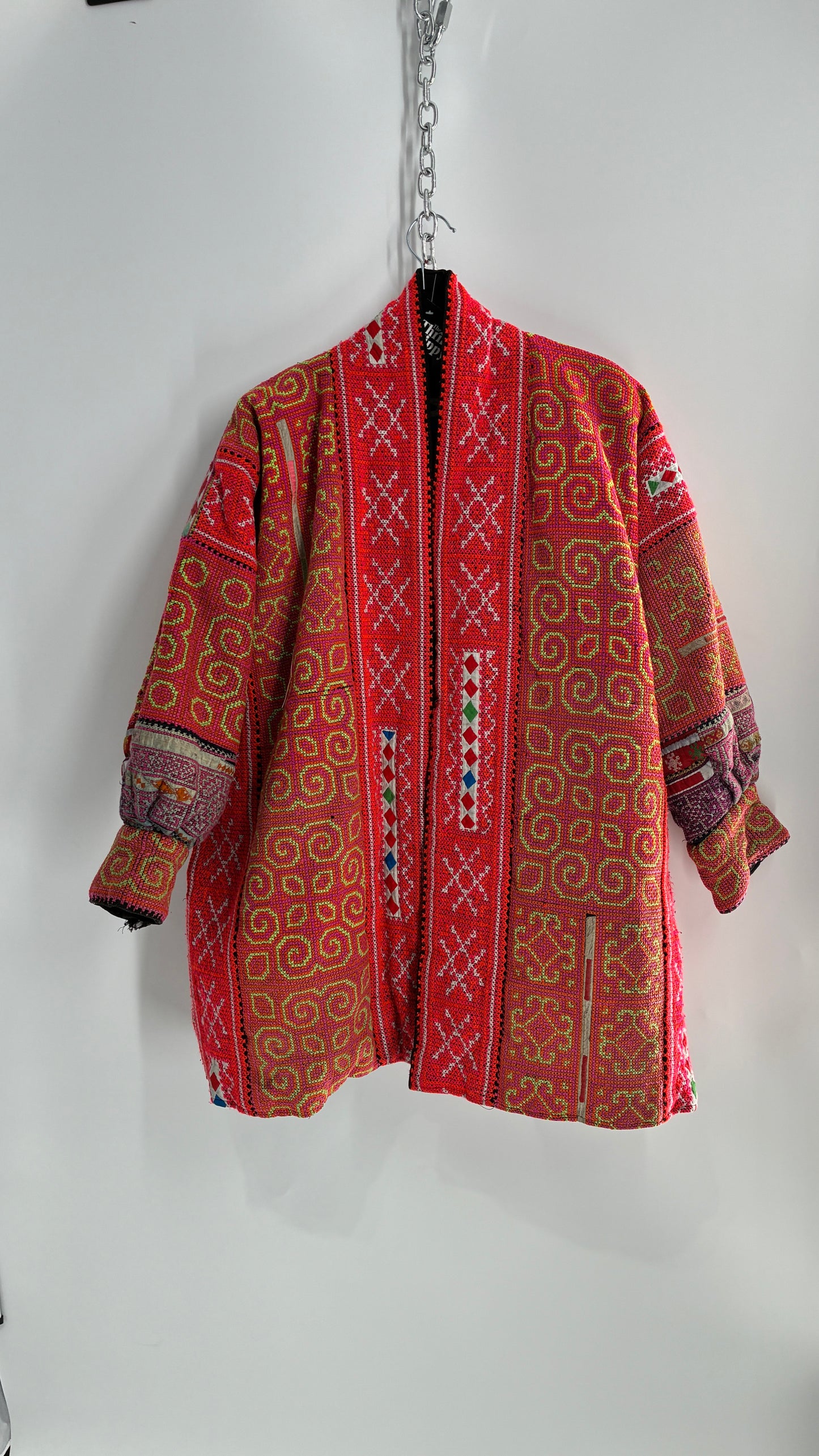 One Size Neon Pink Fully Embroidered and Quilted Reversible Puff Sleeve Coat (Large)