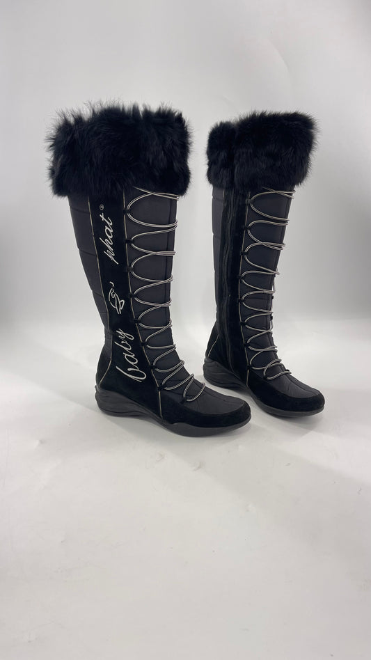 Baby Phat Black Knee High Boots with Rabbit Fur Trim, Bungee Cord Ties, and Embroidered Logo Design