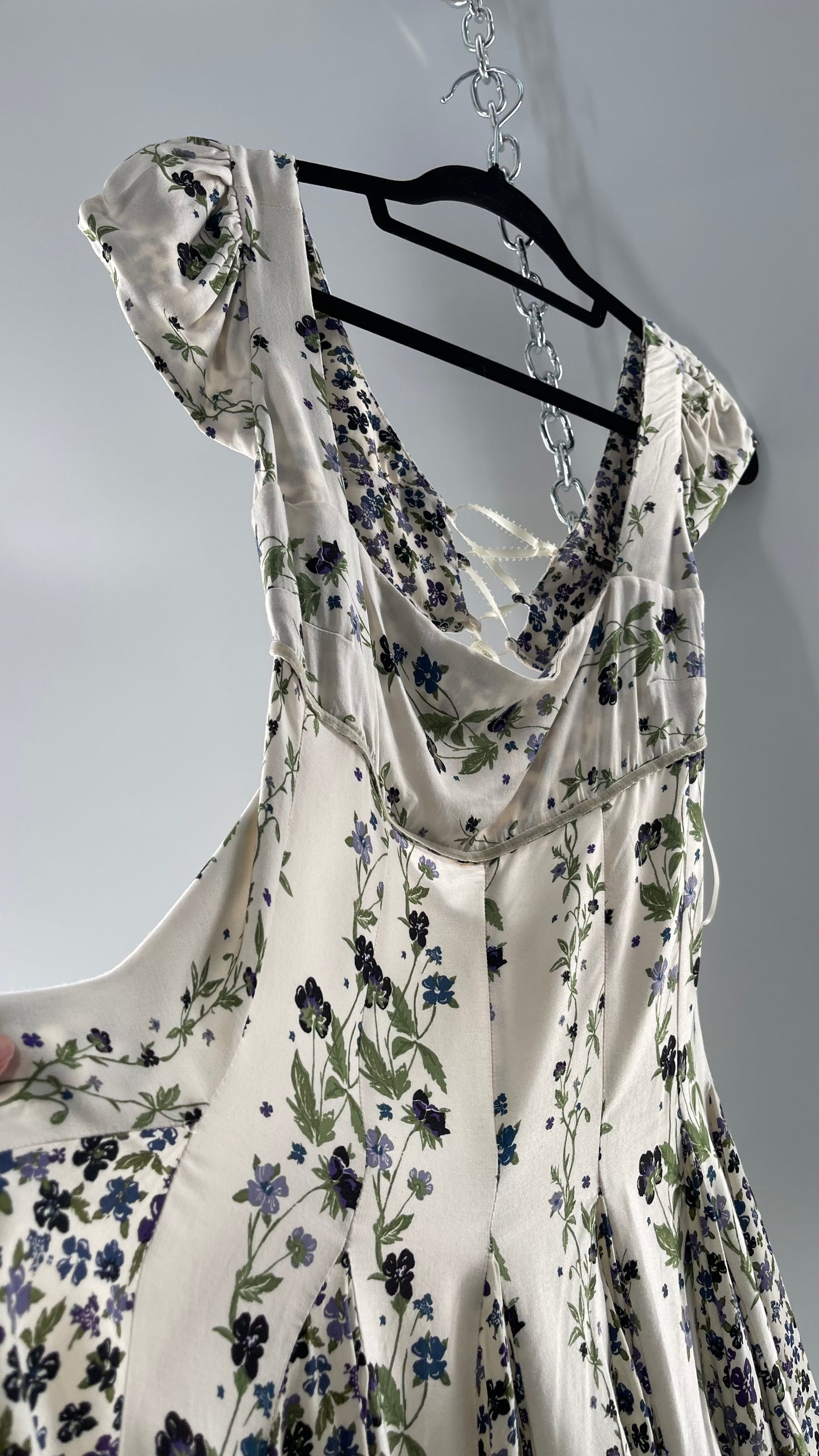 Free People Ivory Mini Dress with Violet Floral Pattern, Cap Sleeves and Lace Up Open Back (M)