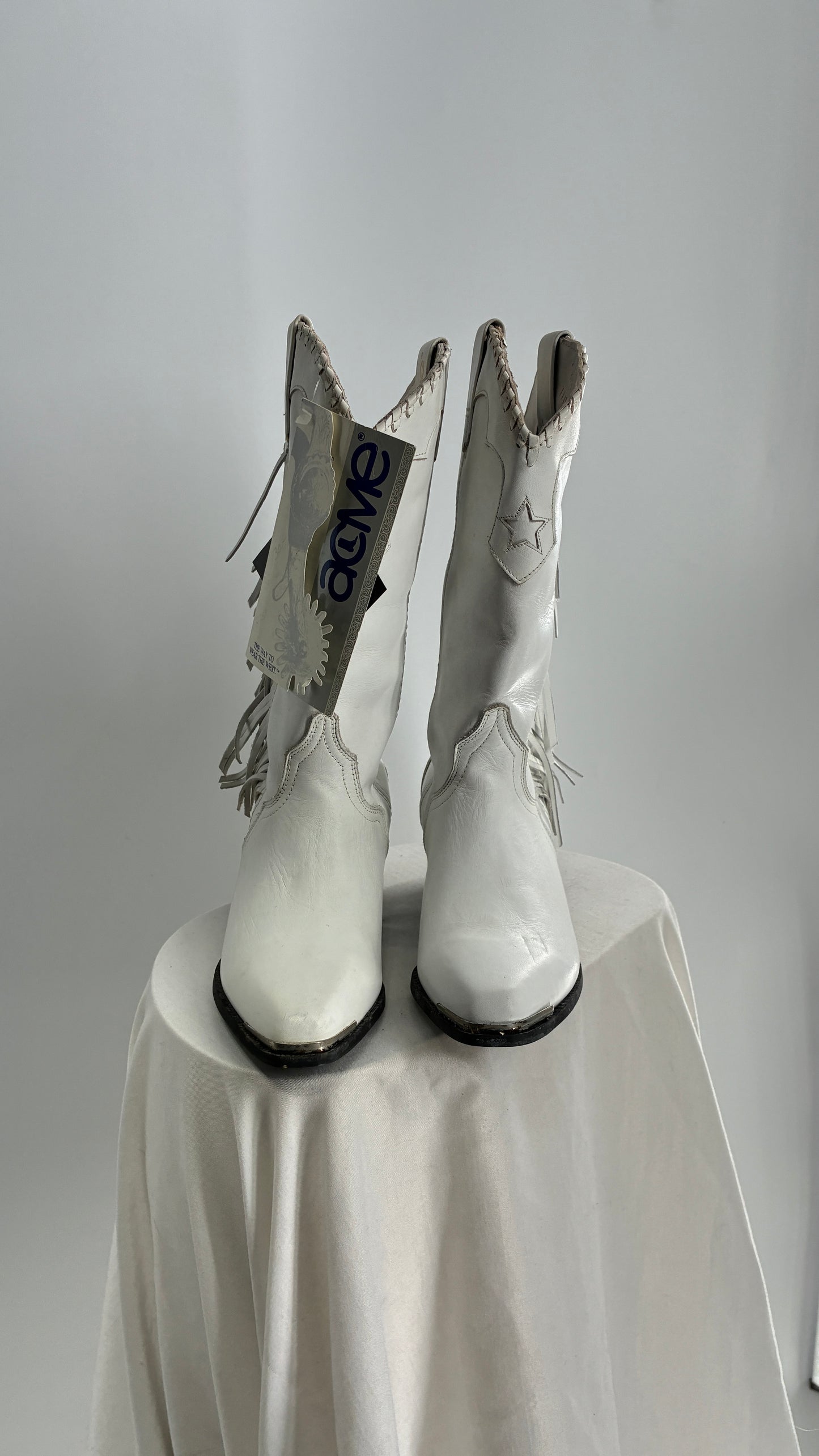 Deadstock Vintage ACME White Cowboy Boots with Braided Cuff, Fringe Sides(6)
