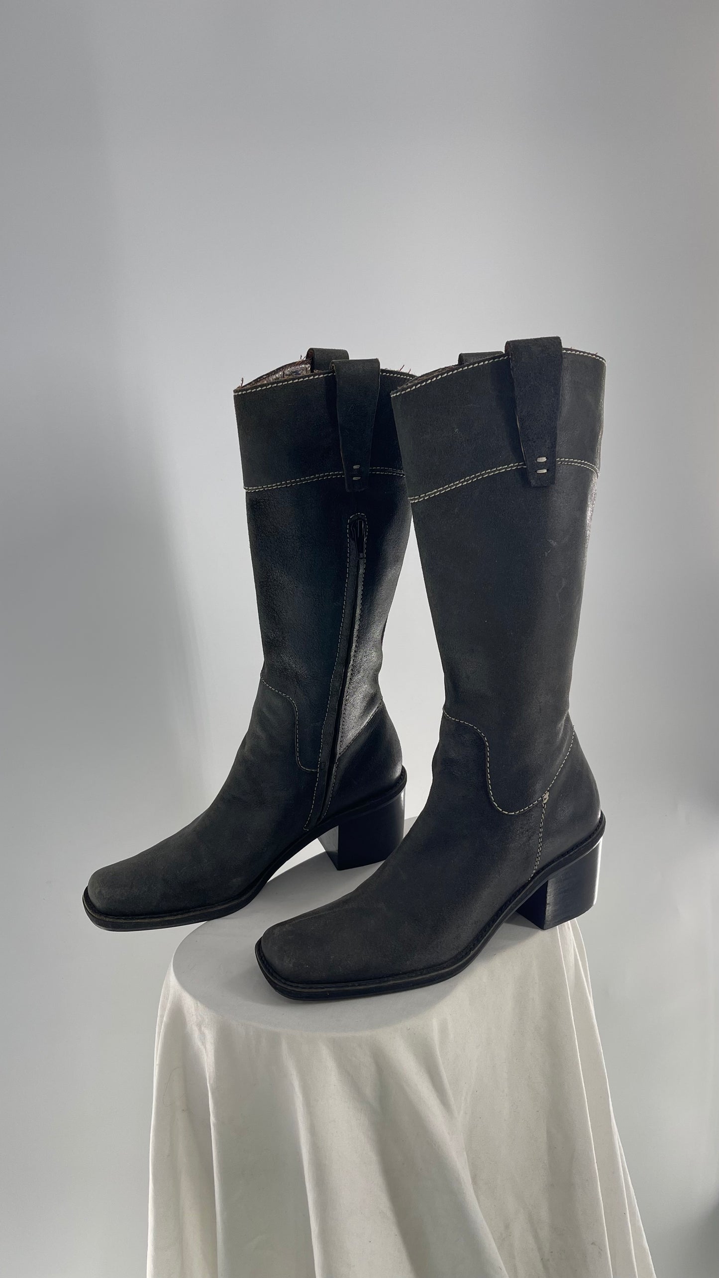 Vintage Nine West Dark Grey Leather Square Toe Heeled Knee High Boots (7.5)