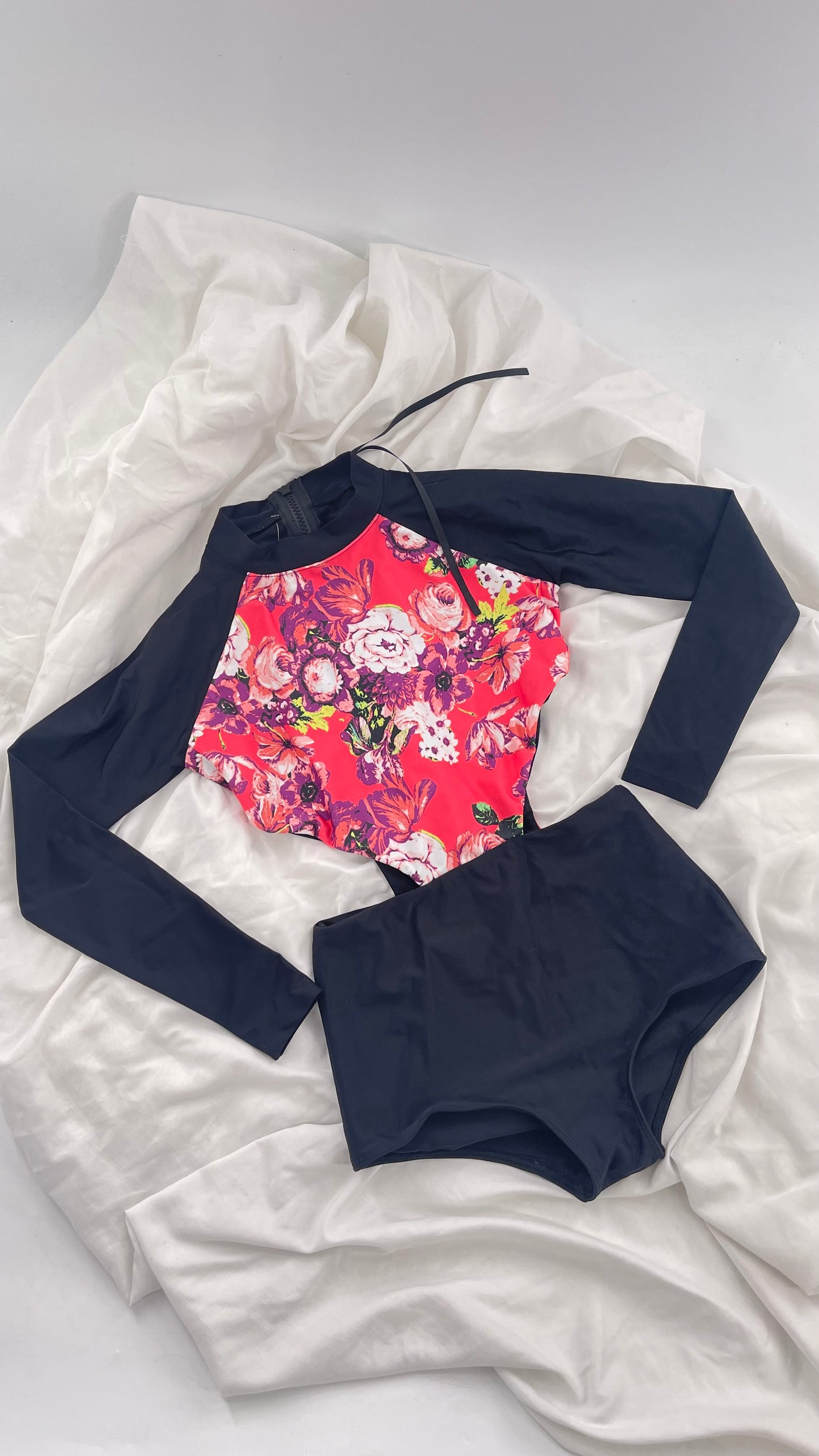 BEACH RIOT x Free People Black Long Sleeve Swimsuit with Hot Pink Floral Torso and Cut Outs (XS)