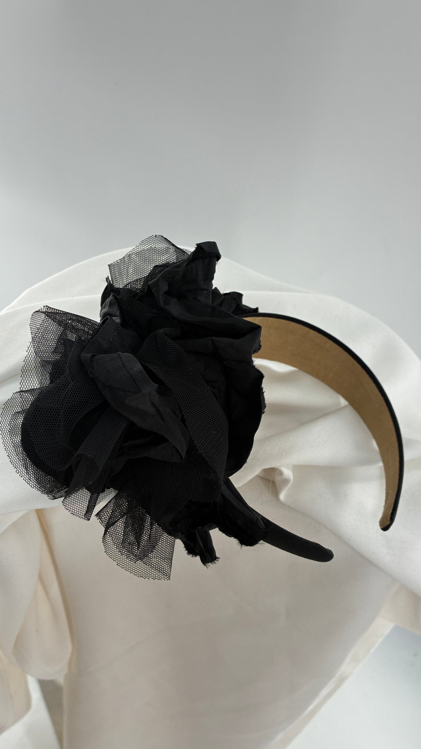 Vintage FARMER Handmade Black Thick Headband with Tulle Appliqué