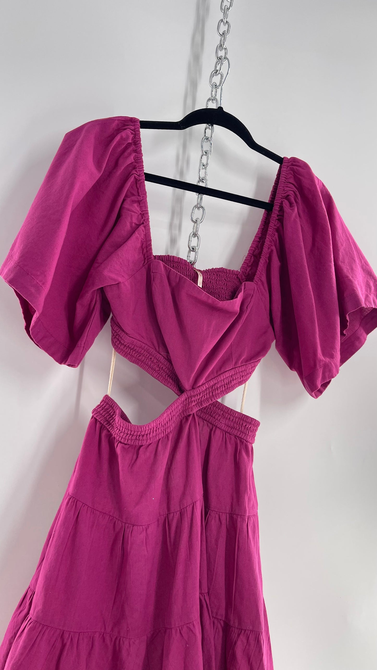 Free People Mauve Fuchsia Cotton/Linen Cut Out Sides Open Back Mini Dress (Small)