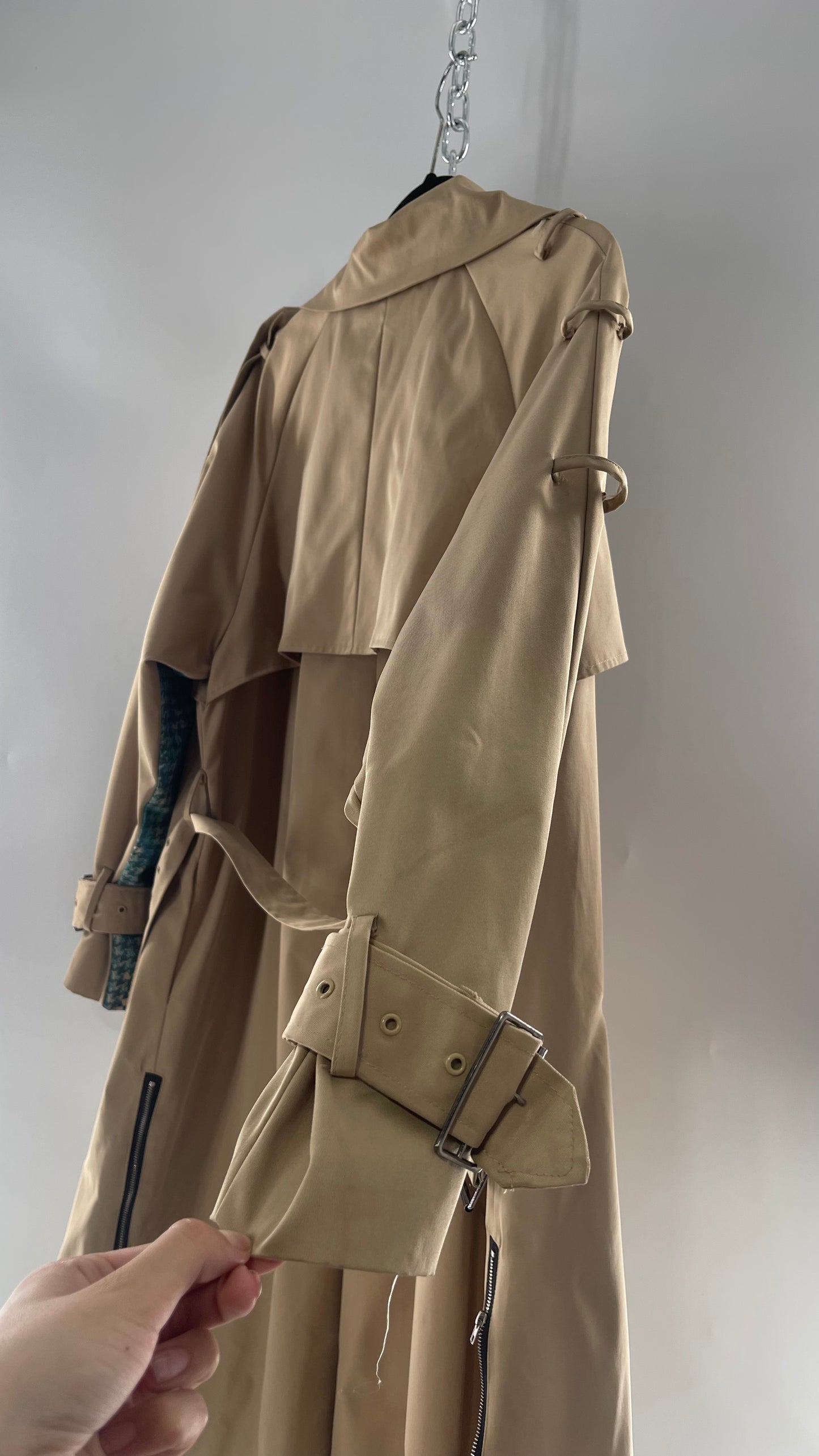 Tan Belted, Double Breasted Trench Coat with Plaid Colorful Graphics and Contrasting Black Zippers (C)(M)