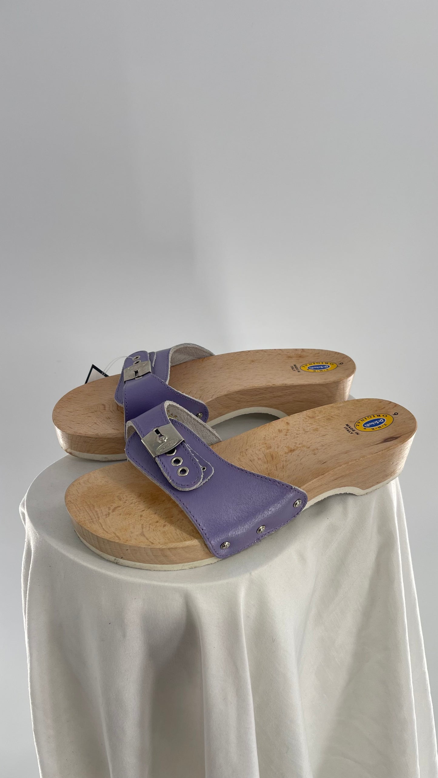 Vintage Dr.Scholls Wooden Clog with Lilac Leather Strap Made in Italy (7)