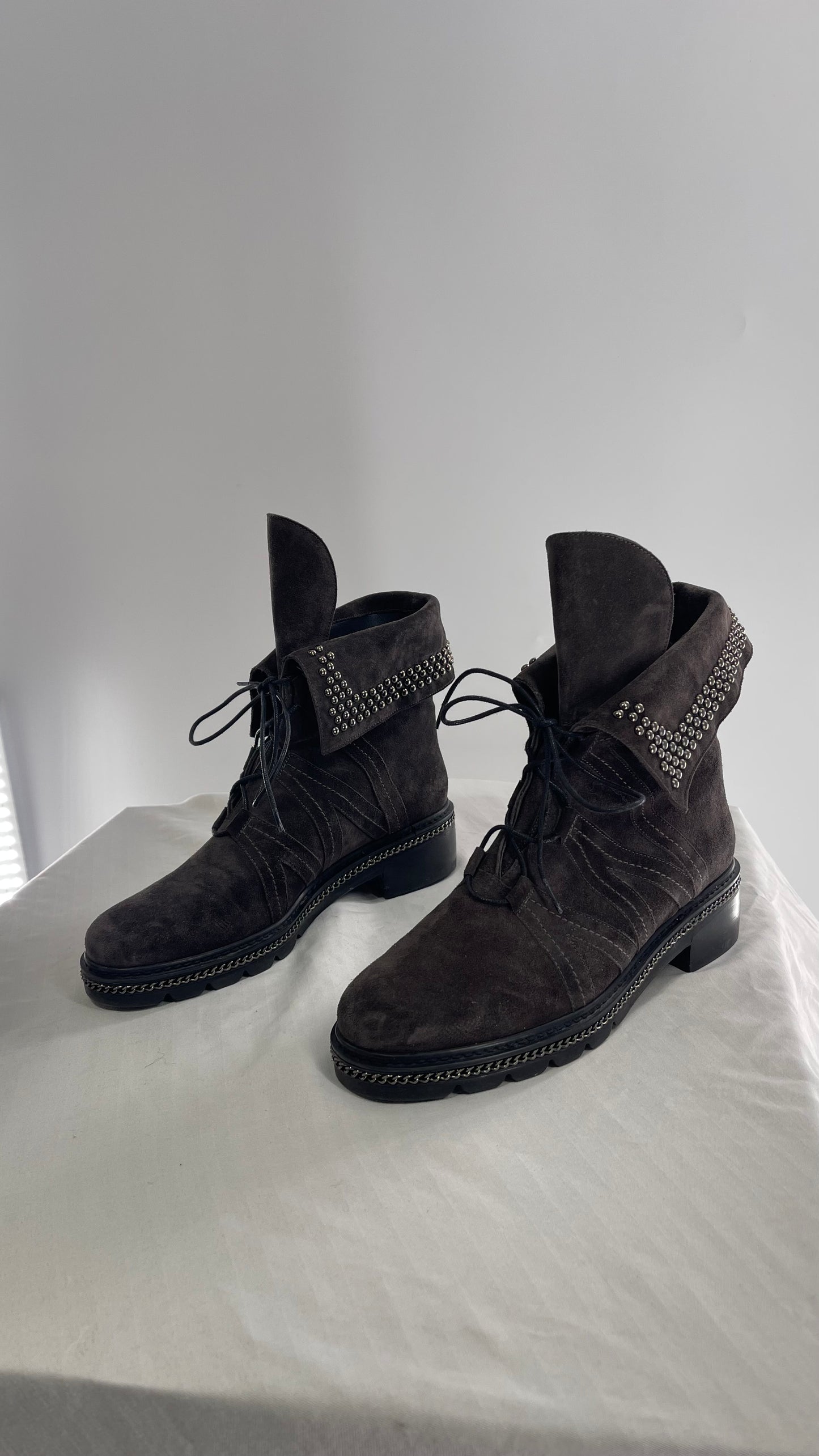 Stuart Weitzman Yadastud Grey Suede Leather Studded, Chainlink Boots (8)