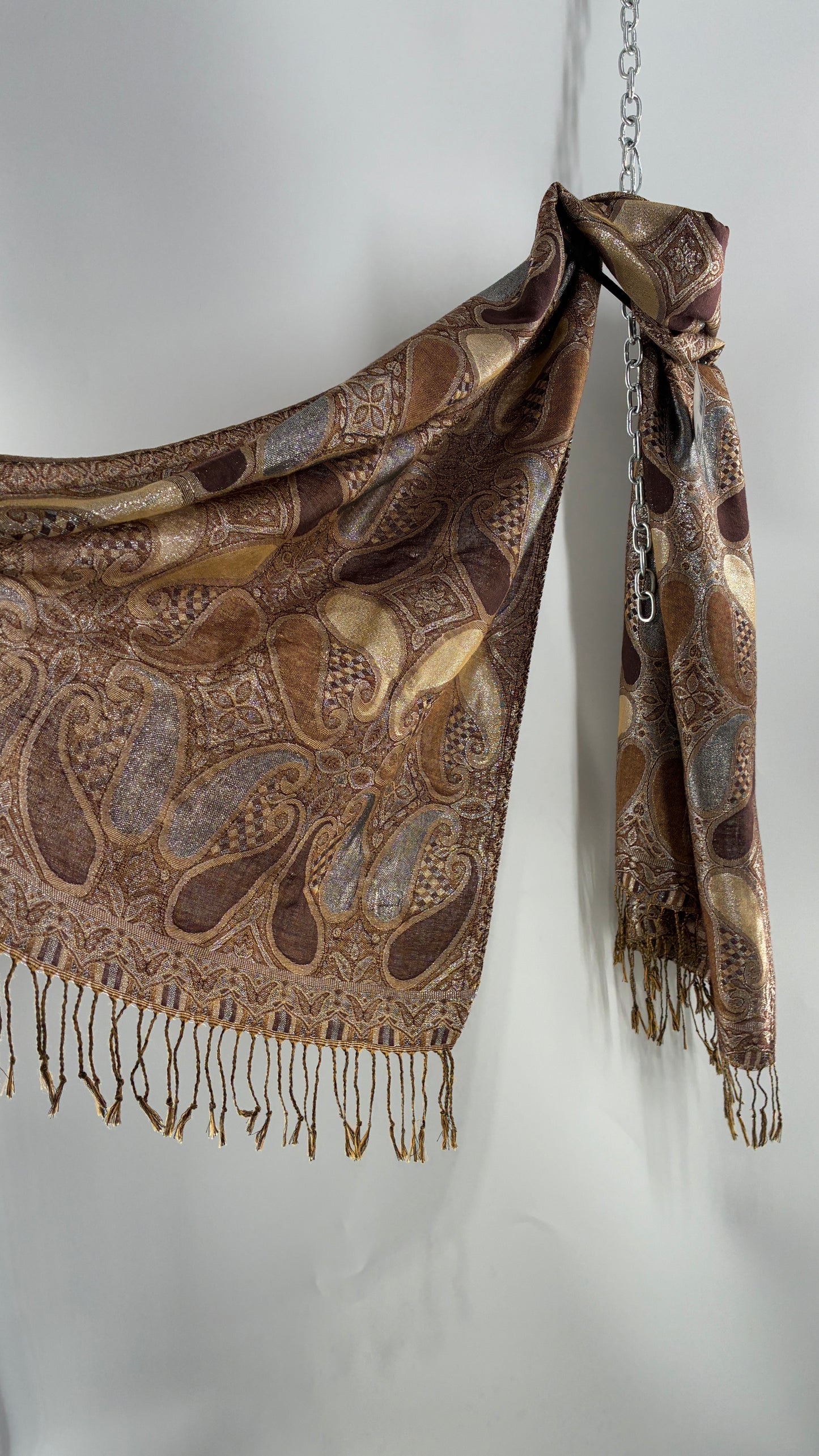 Vintage Paisley Metallic Knit Bronze and Silver Scarf