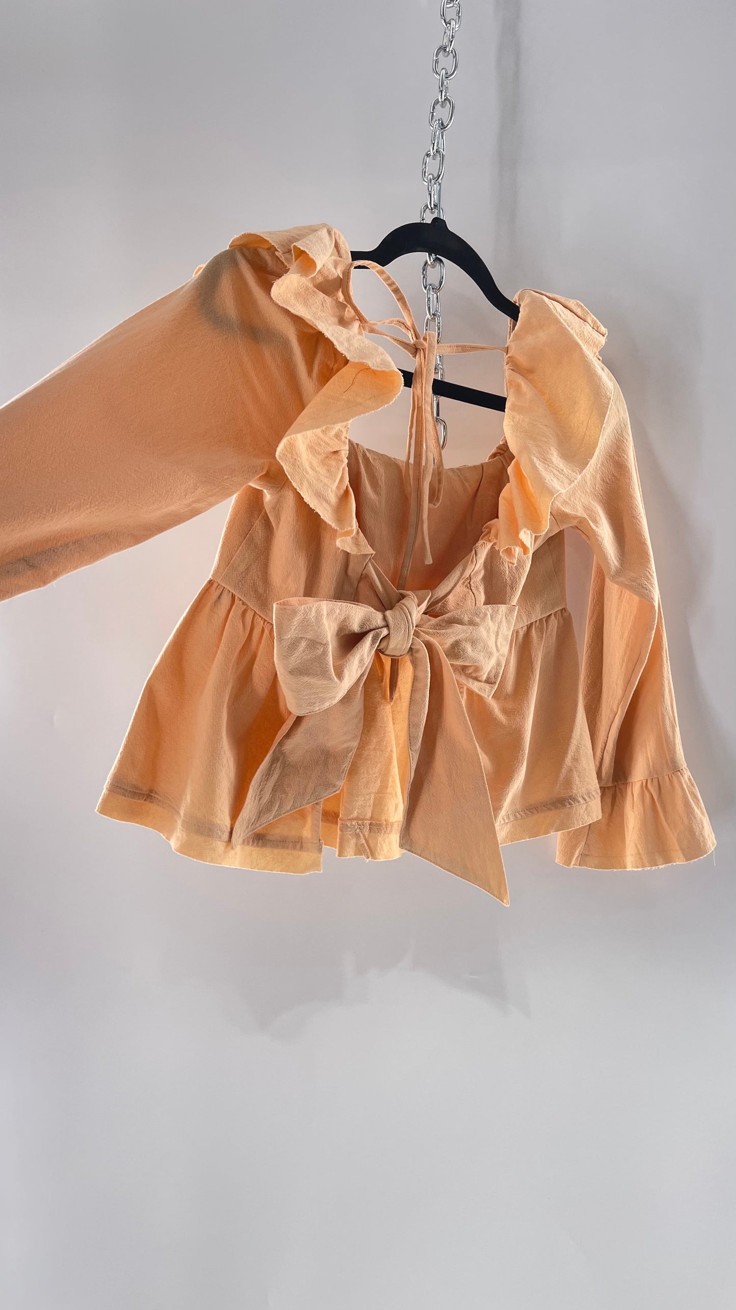 Free People Pumpkin Light Orange Backless Bow Back Cropped Blouse with Ruffle Sleeve and Neckline (XS)