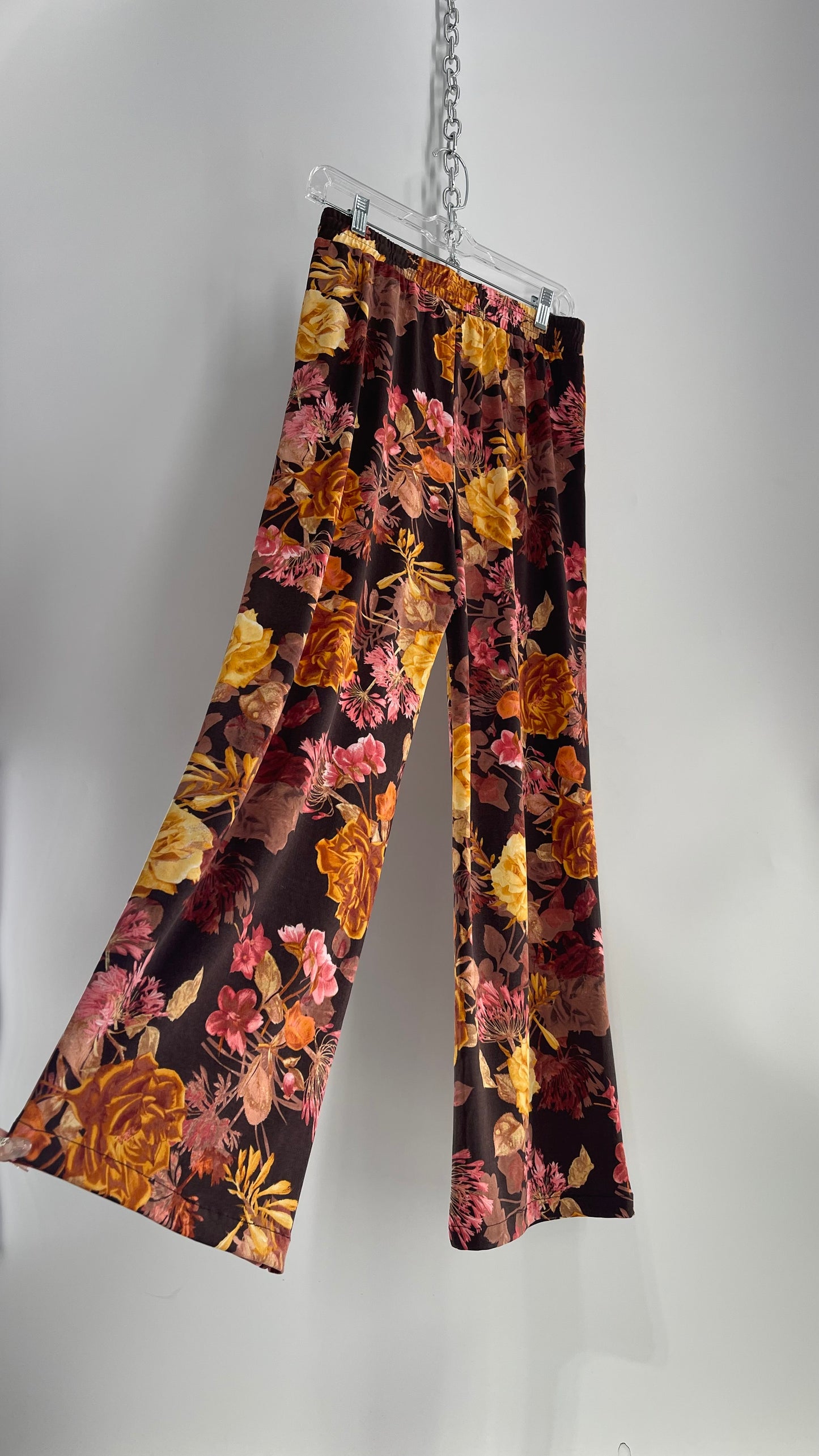 Lemon Way Brown Autumn Foliage Graphic Stretchy Wide Legs (Small)