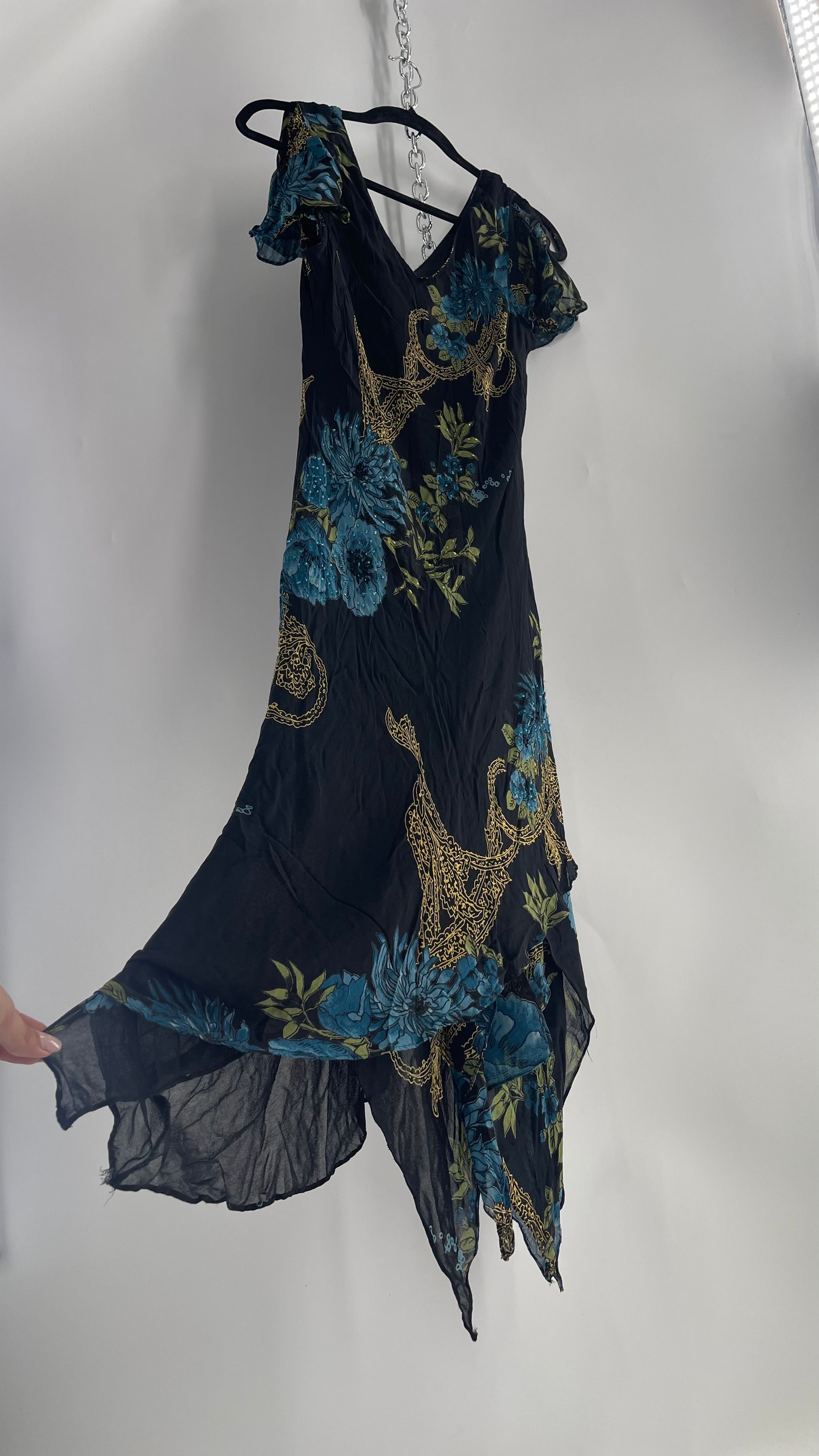 Vintage 90s EVA BLUE Black/Blue MIDI dress with beading and Handkerchi The Thrifty Hippy Vintage 90s EVA BLUE Black/Blue MIDI dress with beading and Handkerchi The Thrifty Hippy