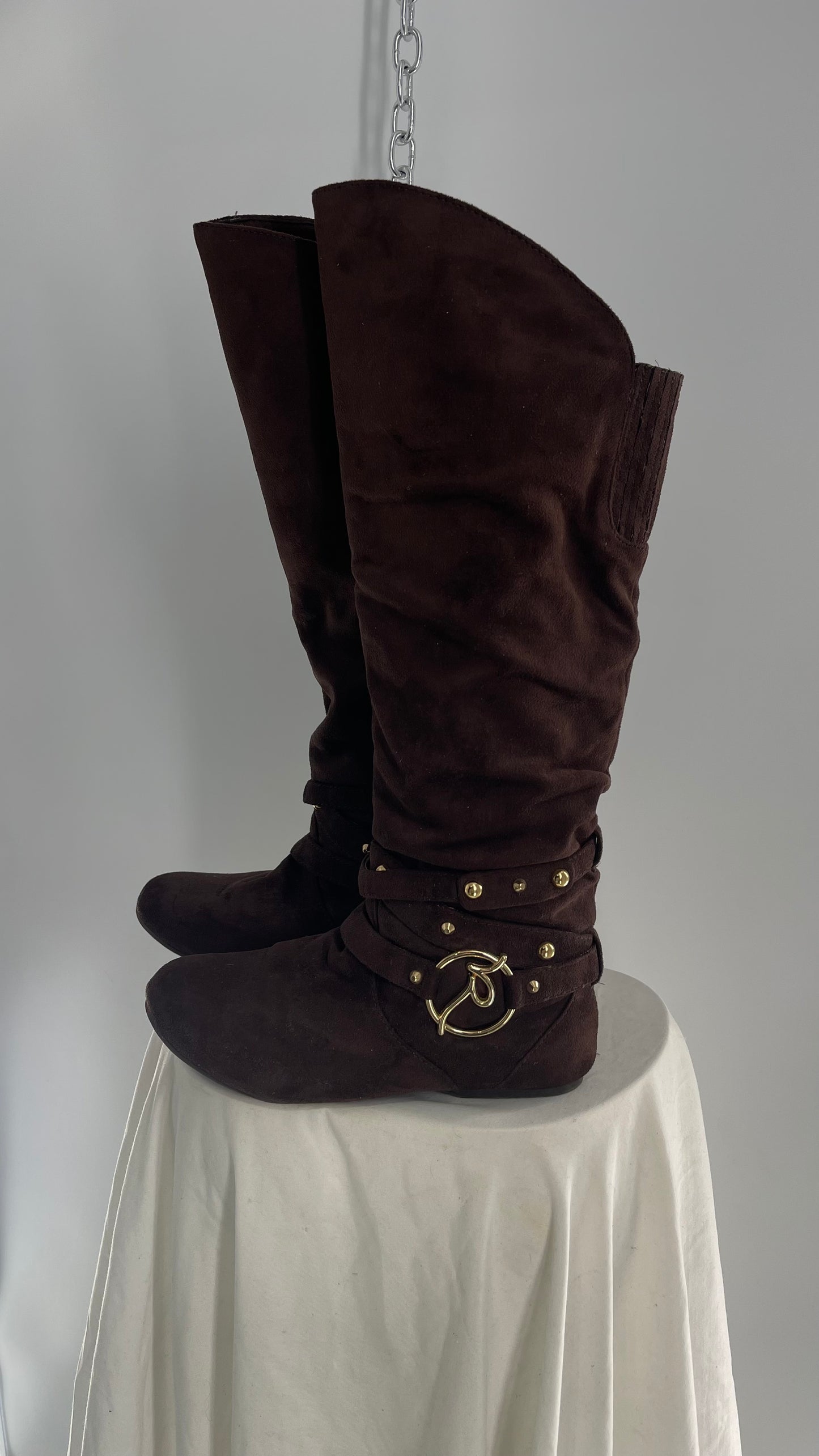 Vintage ROCAWEAR 2000s Brown Strappy, Studded, Slouchy Boots with Gold Logo Hardware (7)