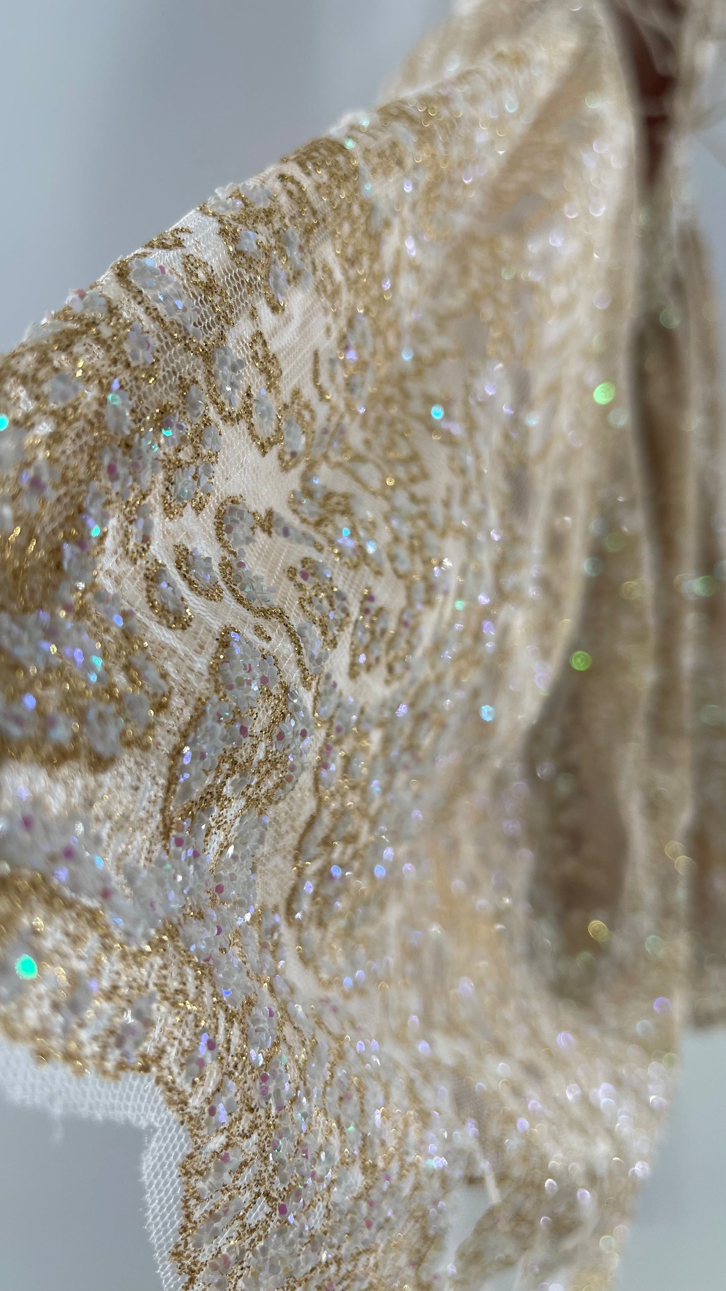 Hello Molly Fairy Sleeveless Chunky Iridescent Glitter Gold Mini Dress with Tie Up Back and Ruffle Sleeve (S)