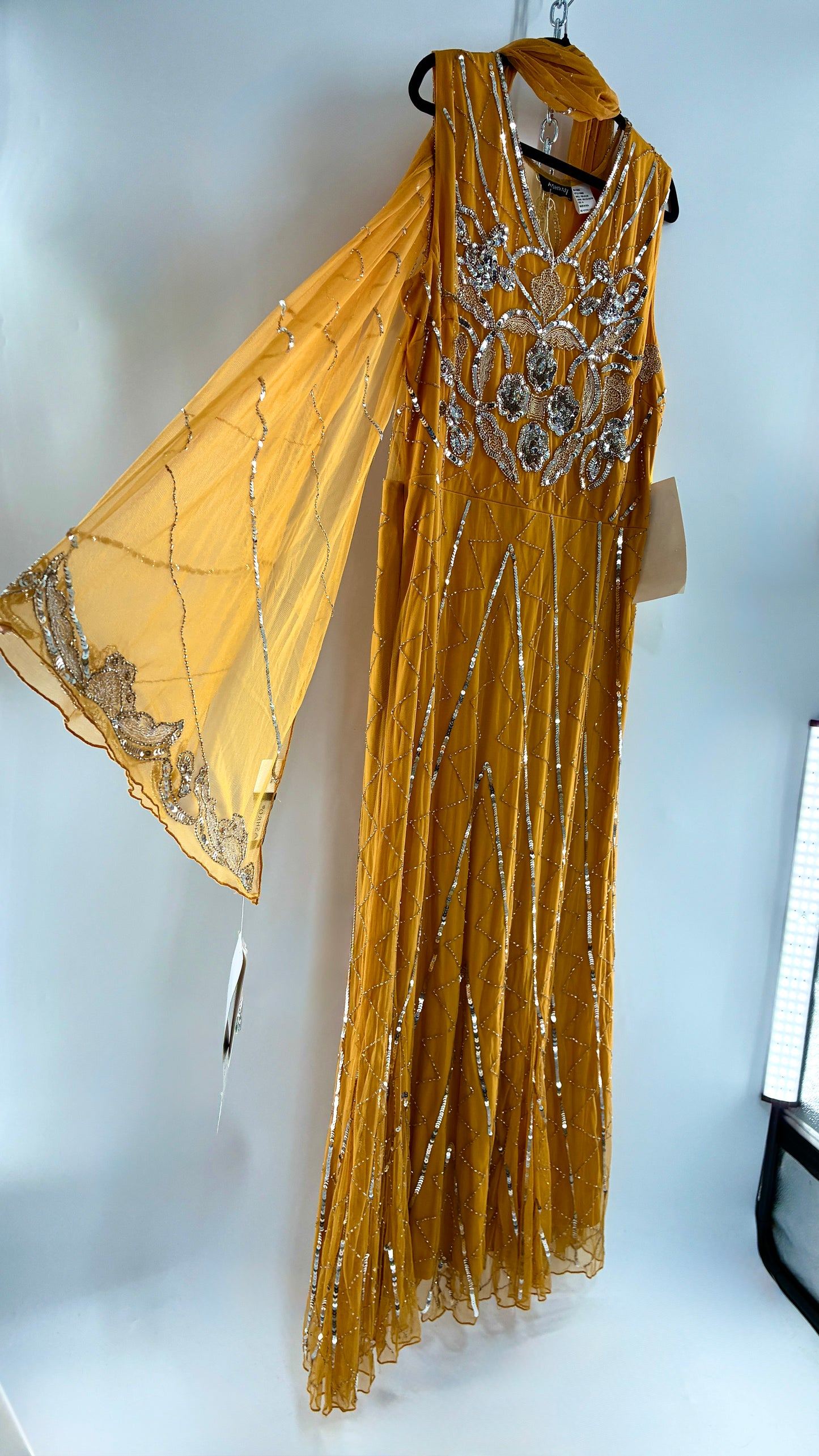 Deadstock Vintage ASHRO 1990s Mustard Yellow Dress with Sheer Back, Neck Scarf and Silver Beading (XXL)